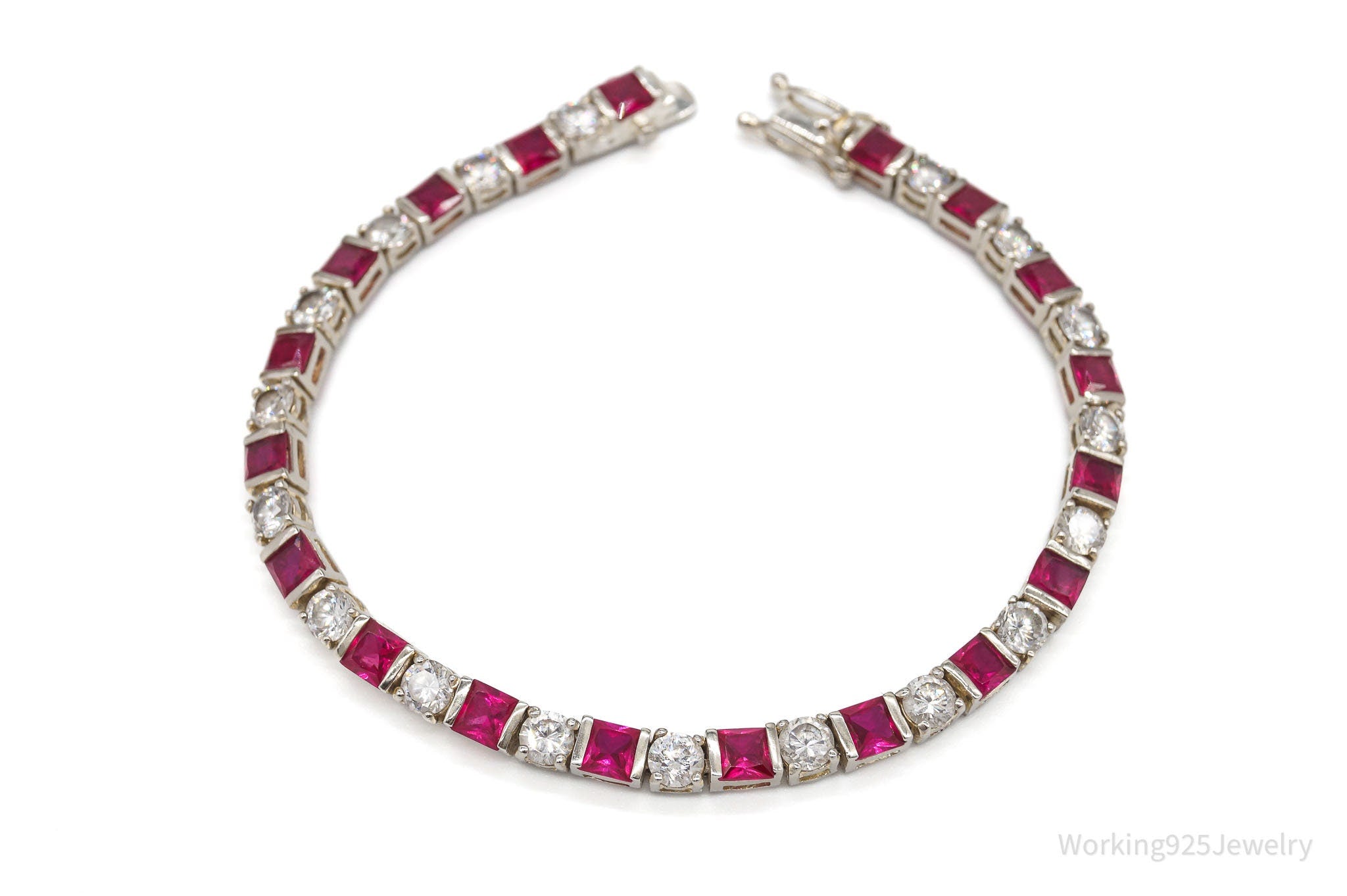 Vintage Ruby Cubic Zirconia Sterling Silver Tennis Bracelet