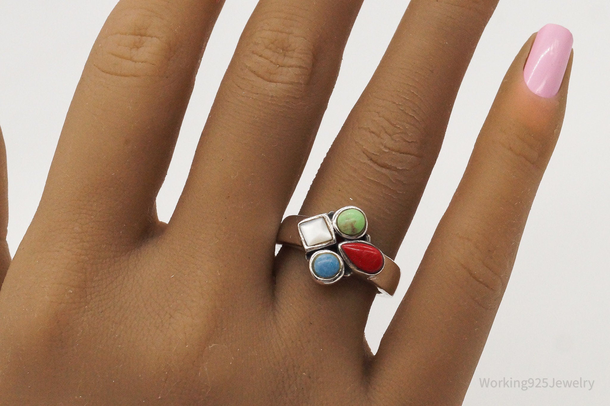 Vintage Southwestern Multi Gemstone Sterling Silver Ring - Size 7.75