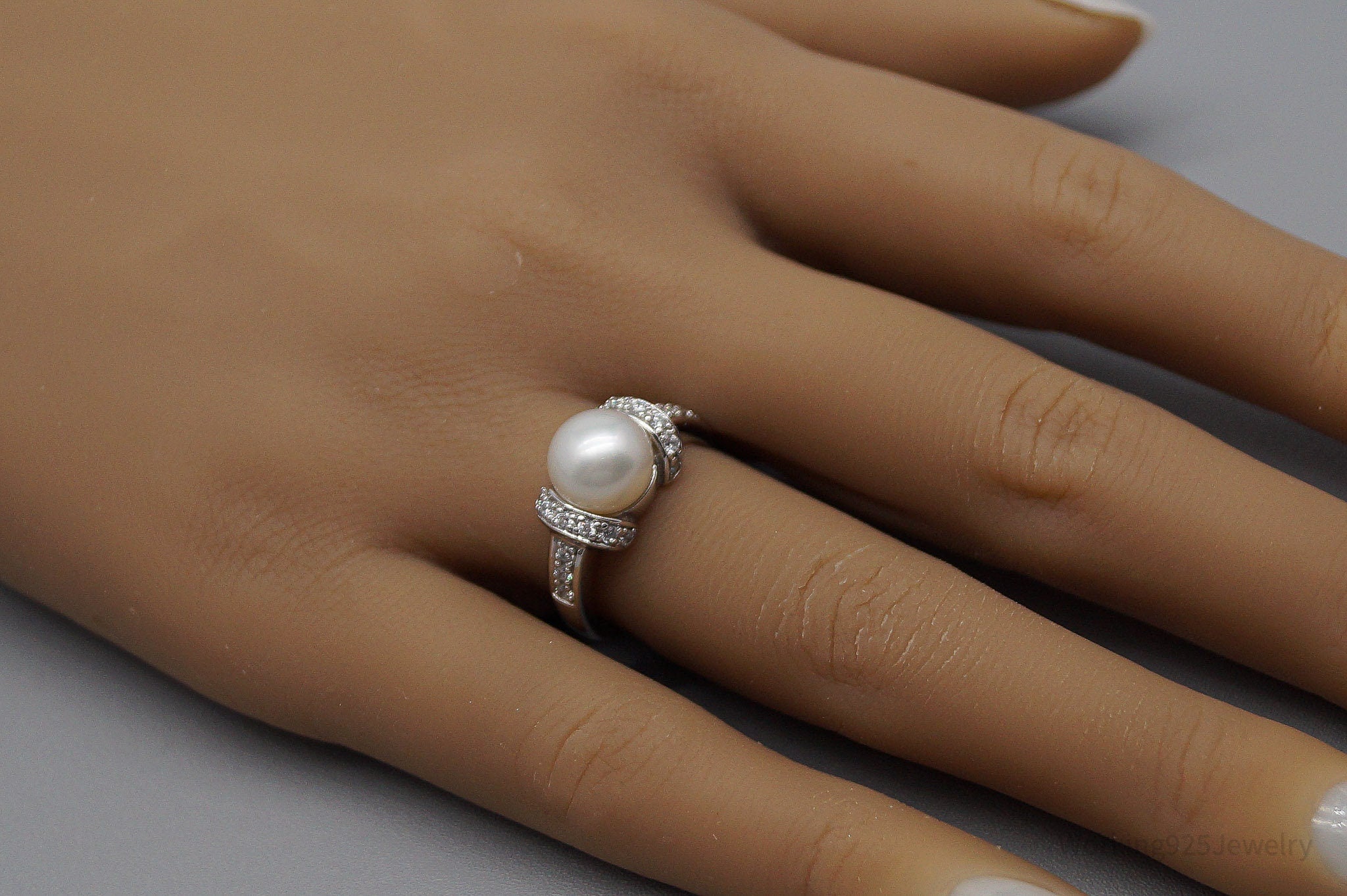 Vintage Ross Simons Pearl & Cubic Zirconia Sterling Silver Ring - Size 7