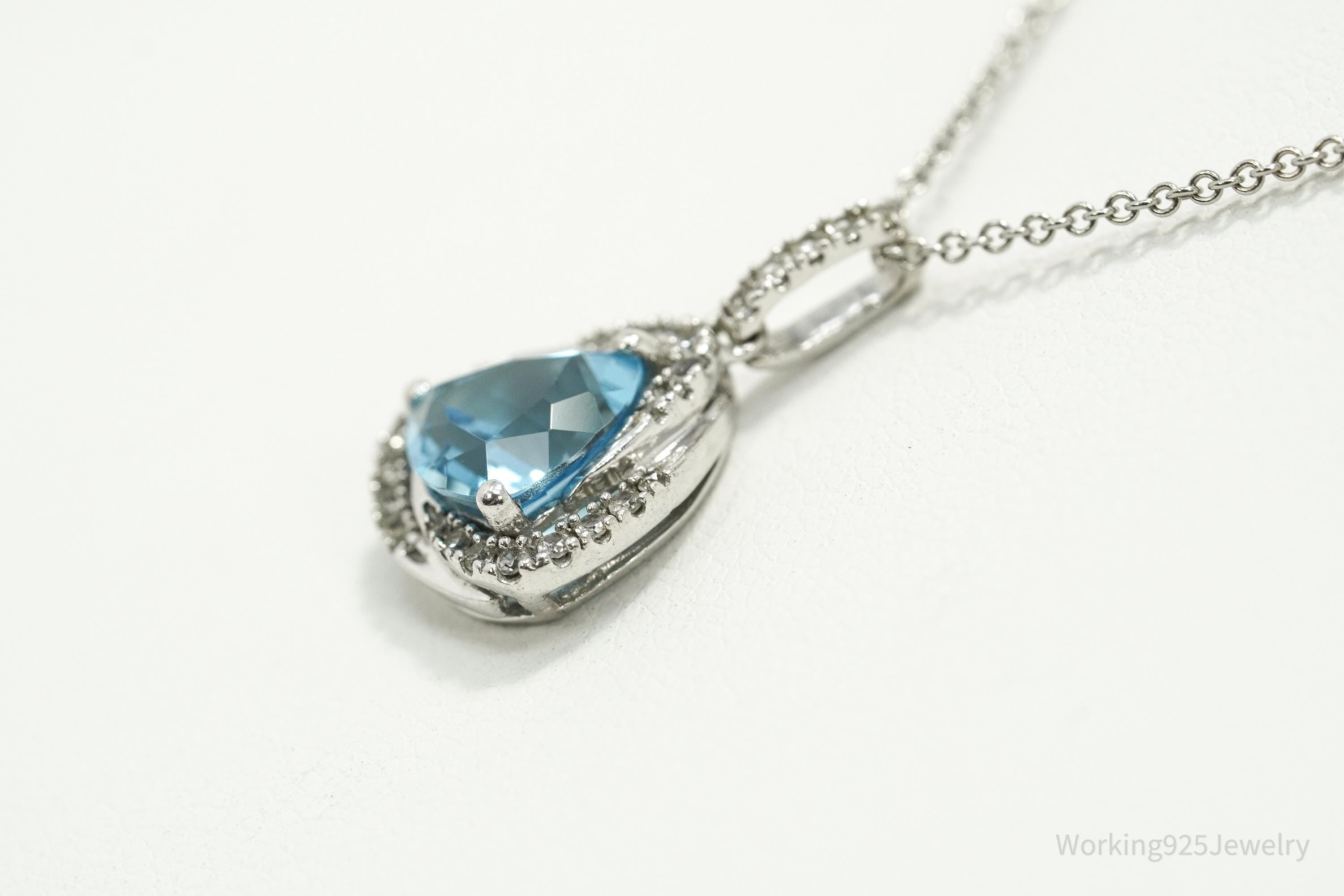 Vintage Blue Topaz & Cubic Zirconia Sterling Silver Necklace 18"