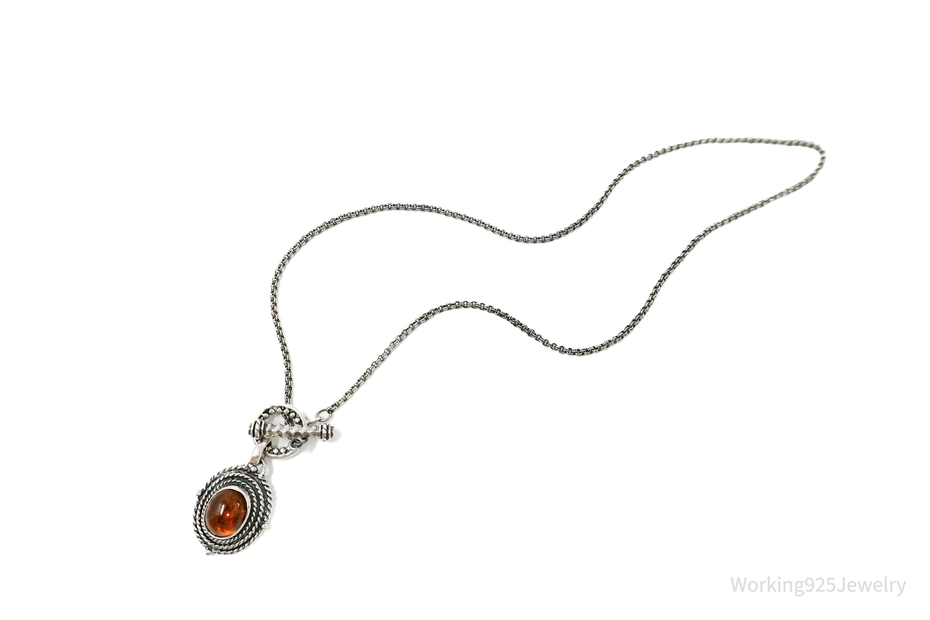 Vintage Amber Sterling Silver Toggle Necklace 18"