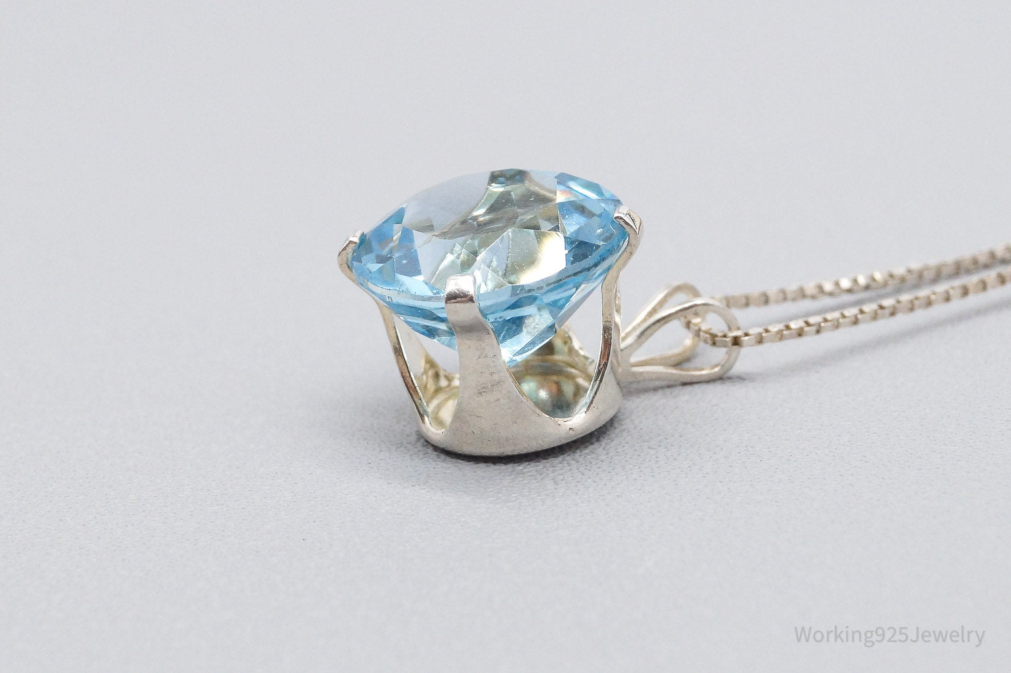 Vintage Large Blue Topaz Sterling Silver Necklace 17"