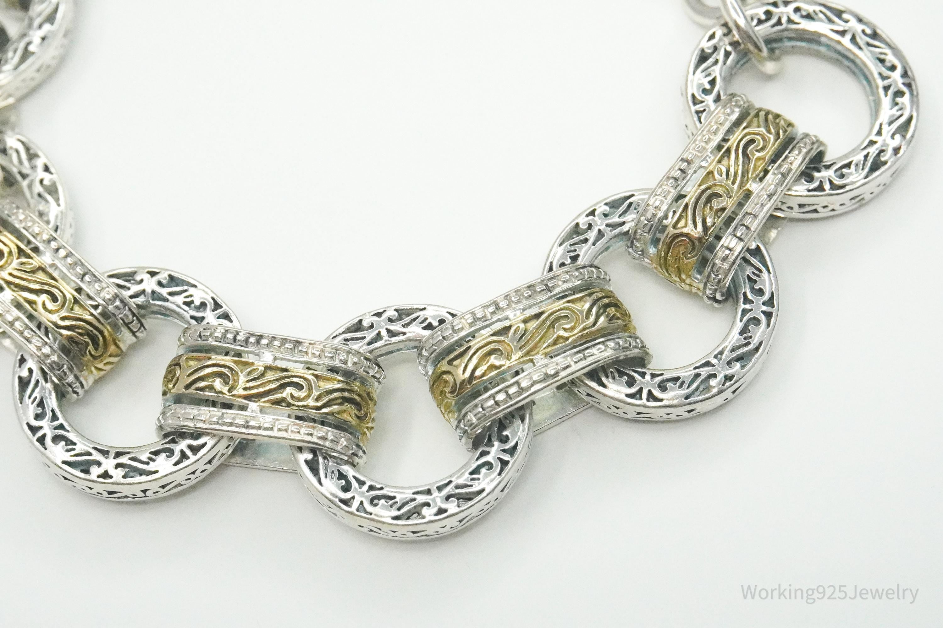 Vintage ASJ Filigree Scroll Design Large Link Gold Vermeil Sterling Silver Chain Bracelet 7 7/8"