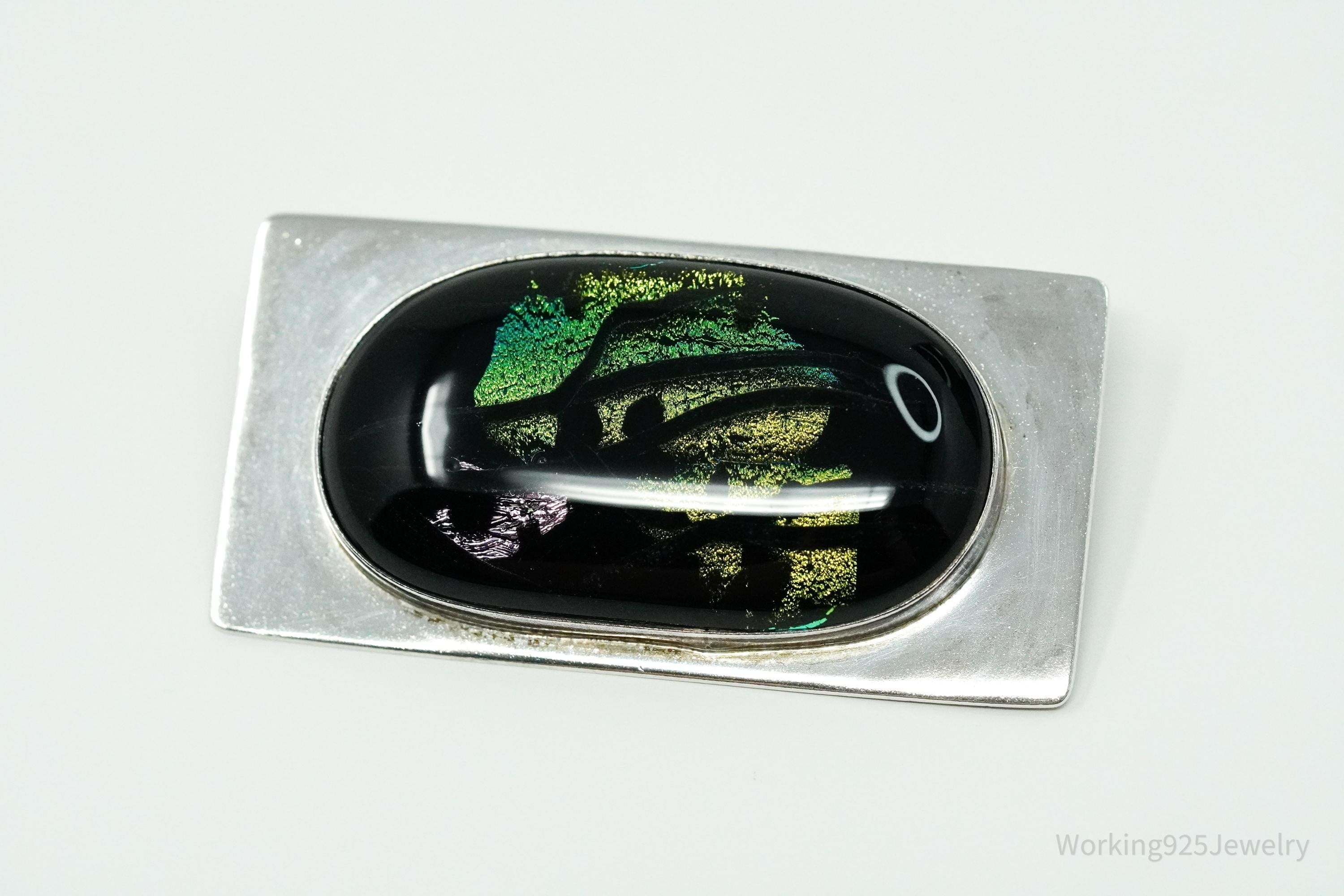 Vintage Large Dichroic Glass Sterling Silver Brooch Pin Pendant