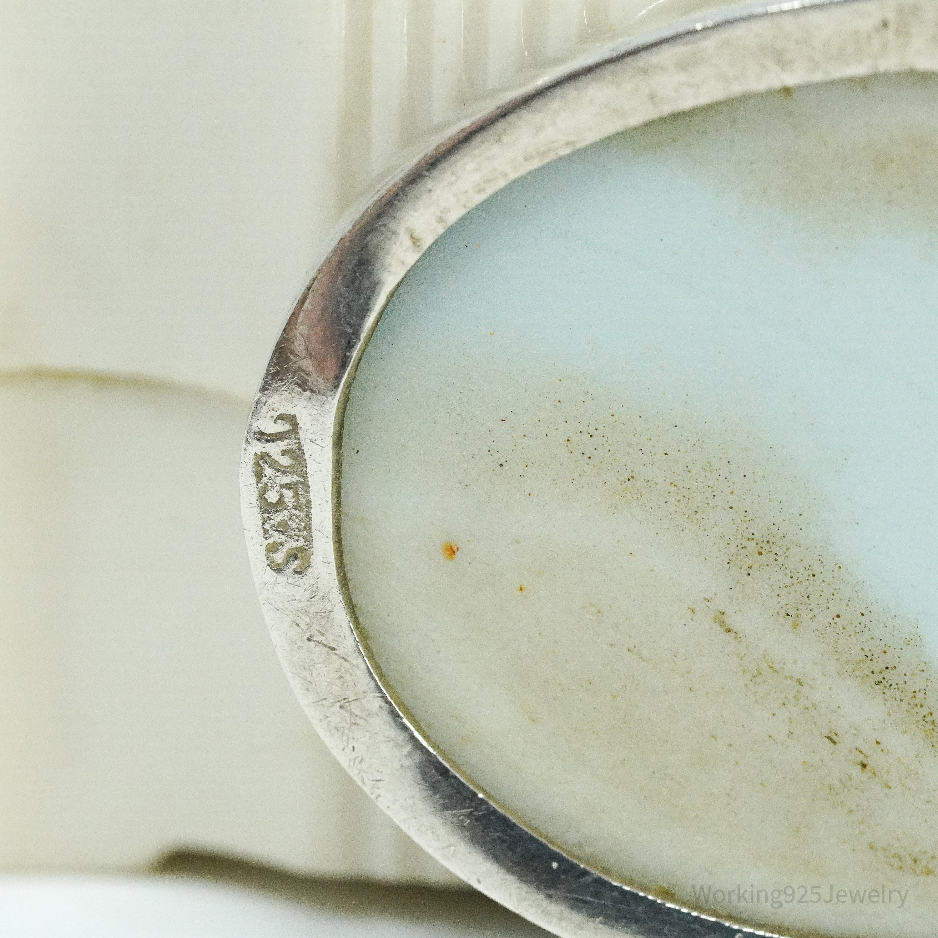 Vintage White Blue Ming Porcelain Sterling Silver Pendant