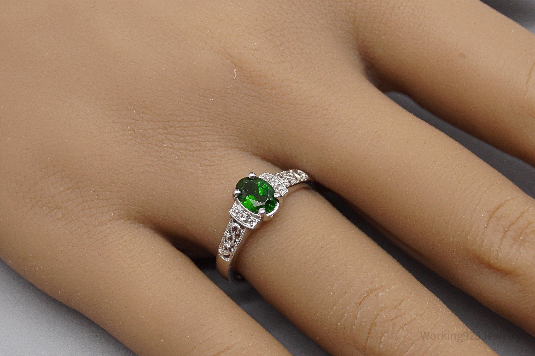 Vintage Green Chrome Diopside White Topaz Sterling Silver Ring - Size 7