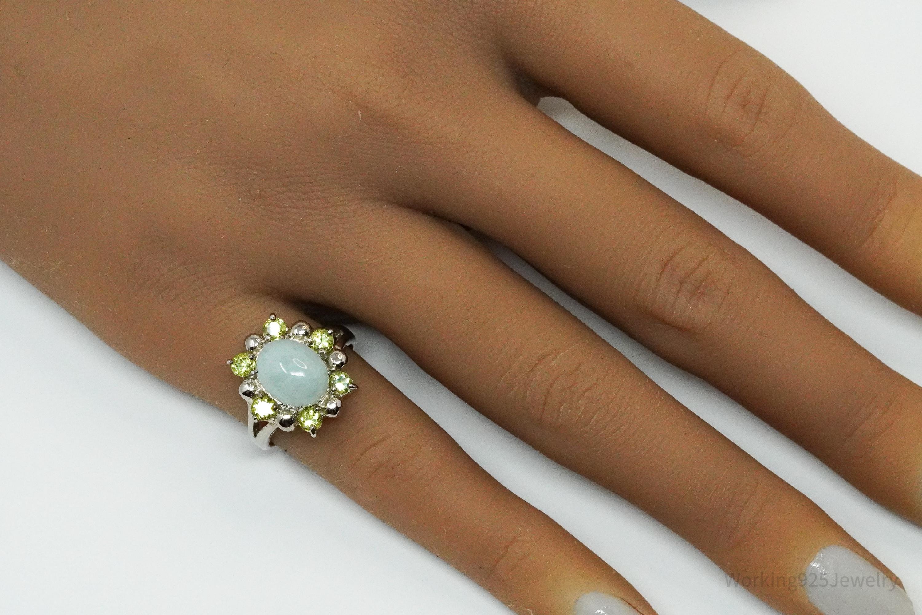 Vintage Green Jade & Peridot Sterling Silver Ring - Size 6