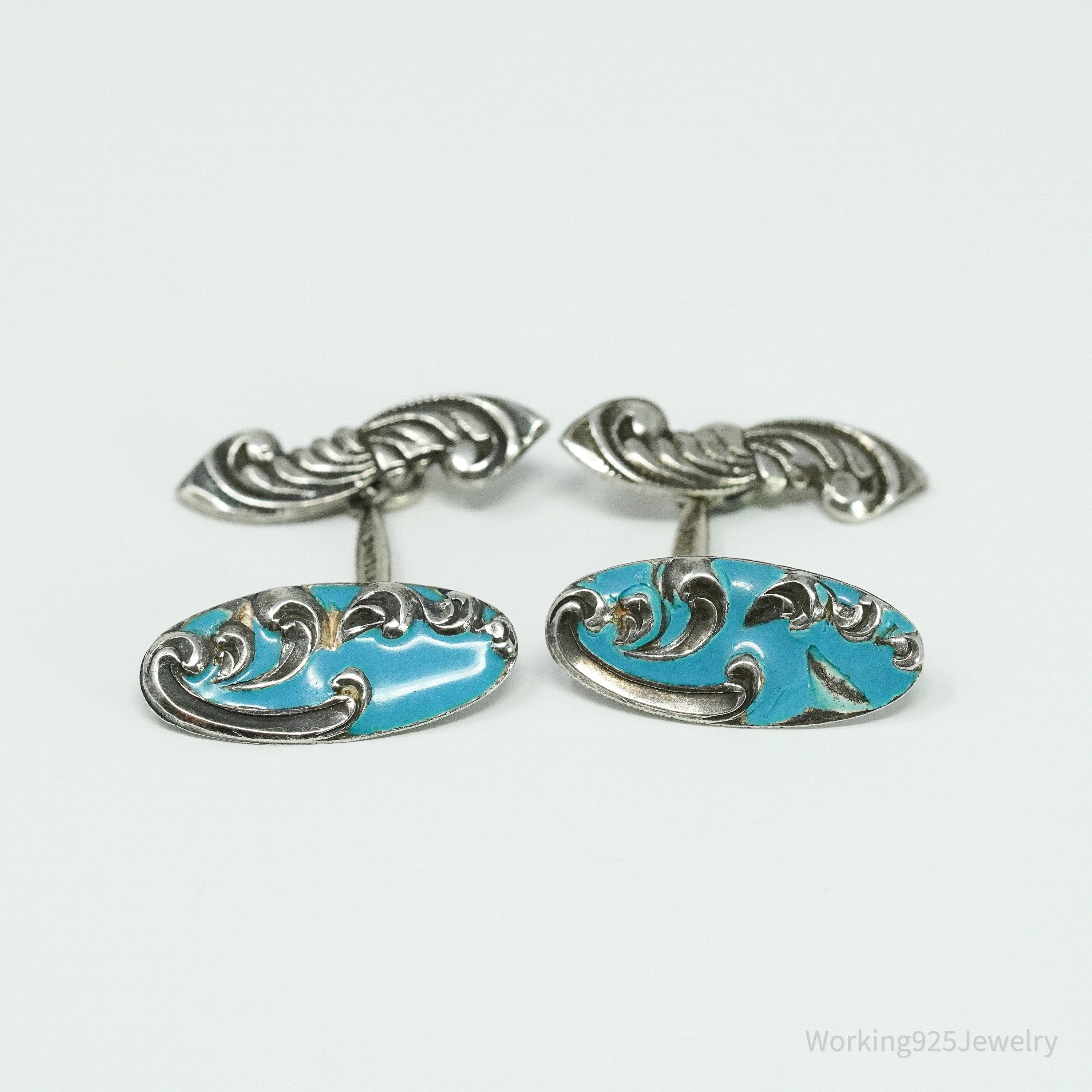 Antique Blue Enamel Sterling Silver Cufflinks