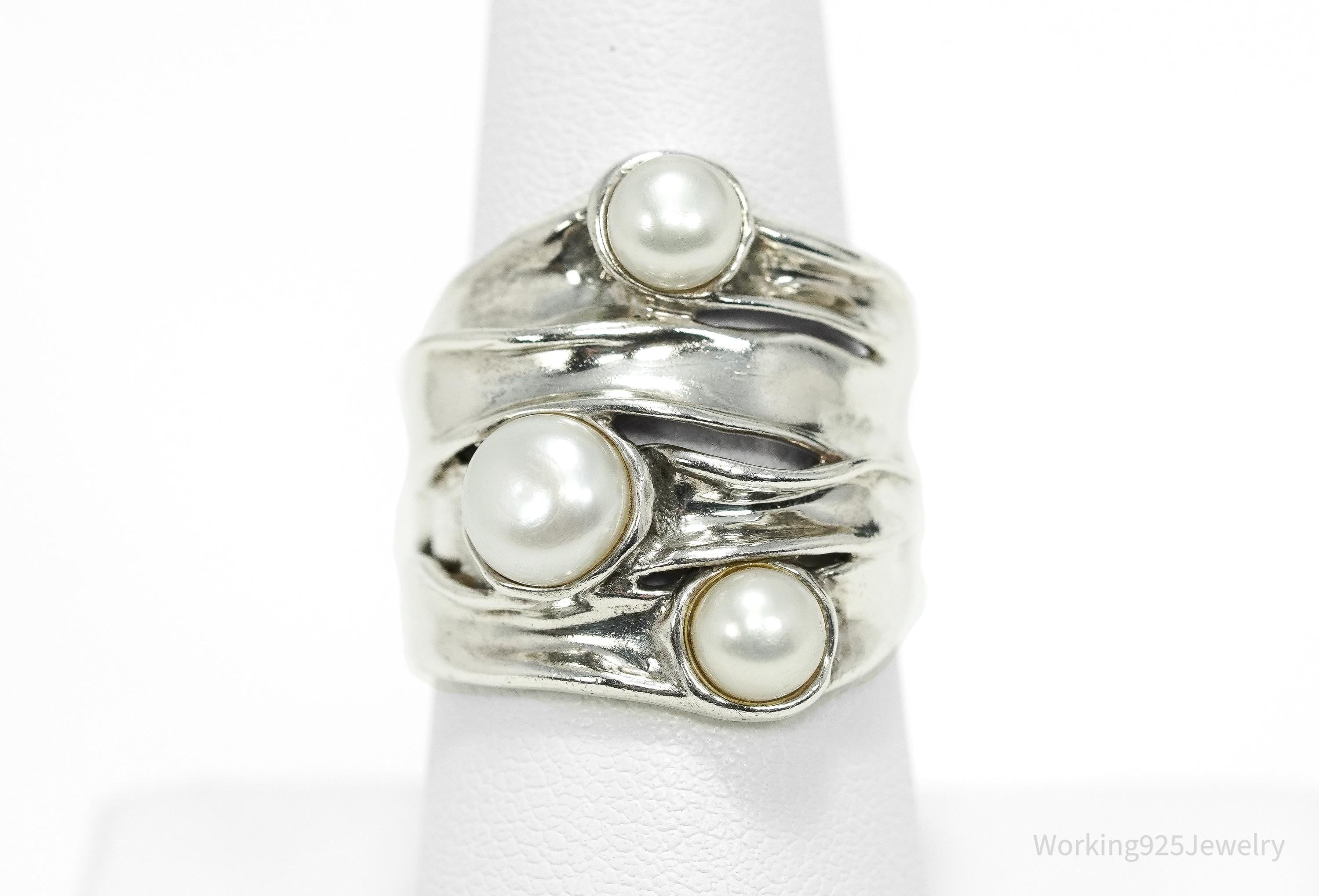 Vintage Designer Hagit Gorali Pearl Sterling Silver Ring - Size 7.25
