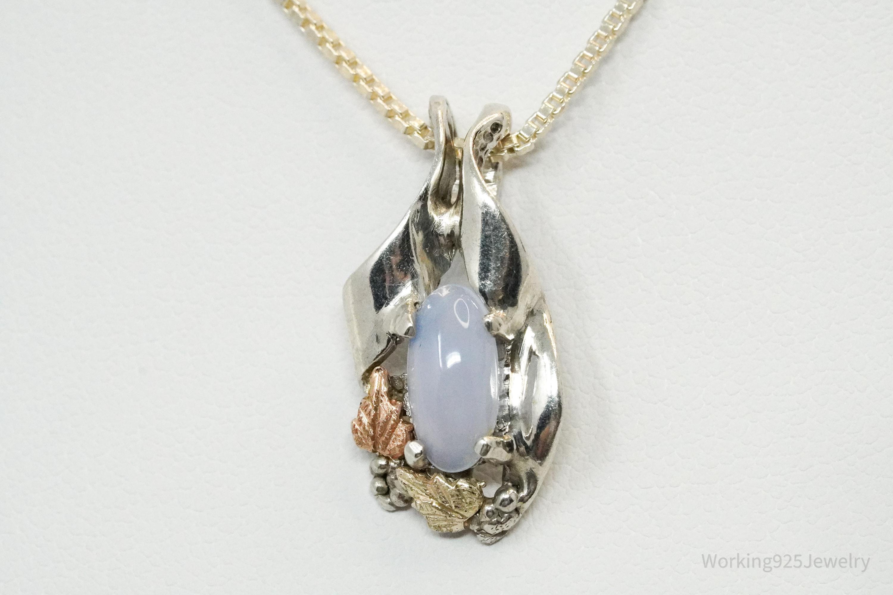 Vintage Blue Chalcedony Black Hills Gold Sterling Silver Necklace 18"