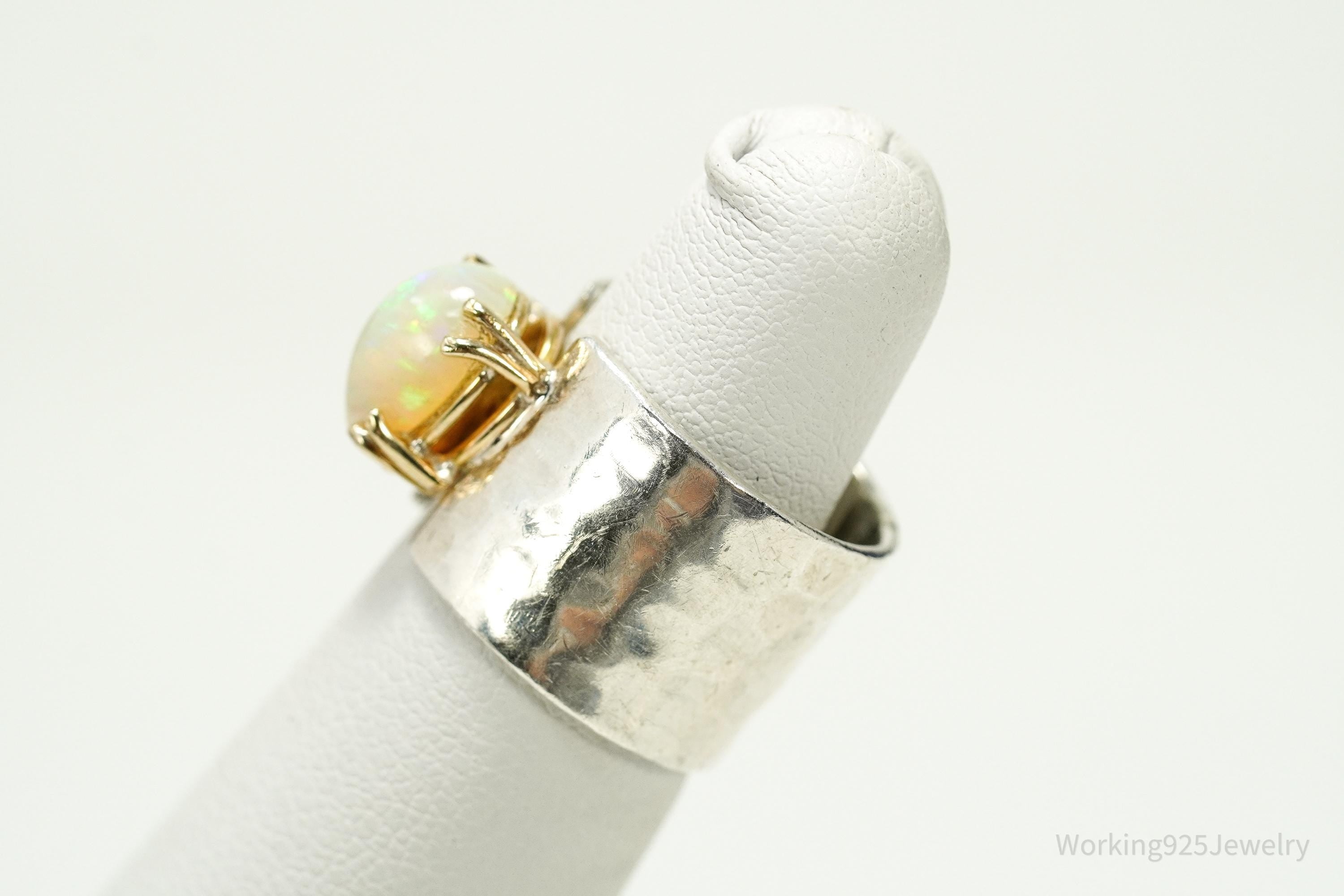 Vintage Opal Hammered Style Band Gold Vermeil Silver Ring - Size 5.5