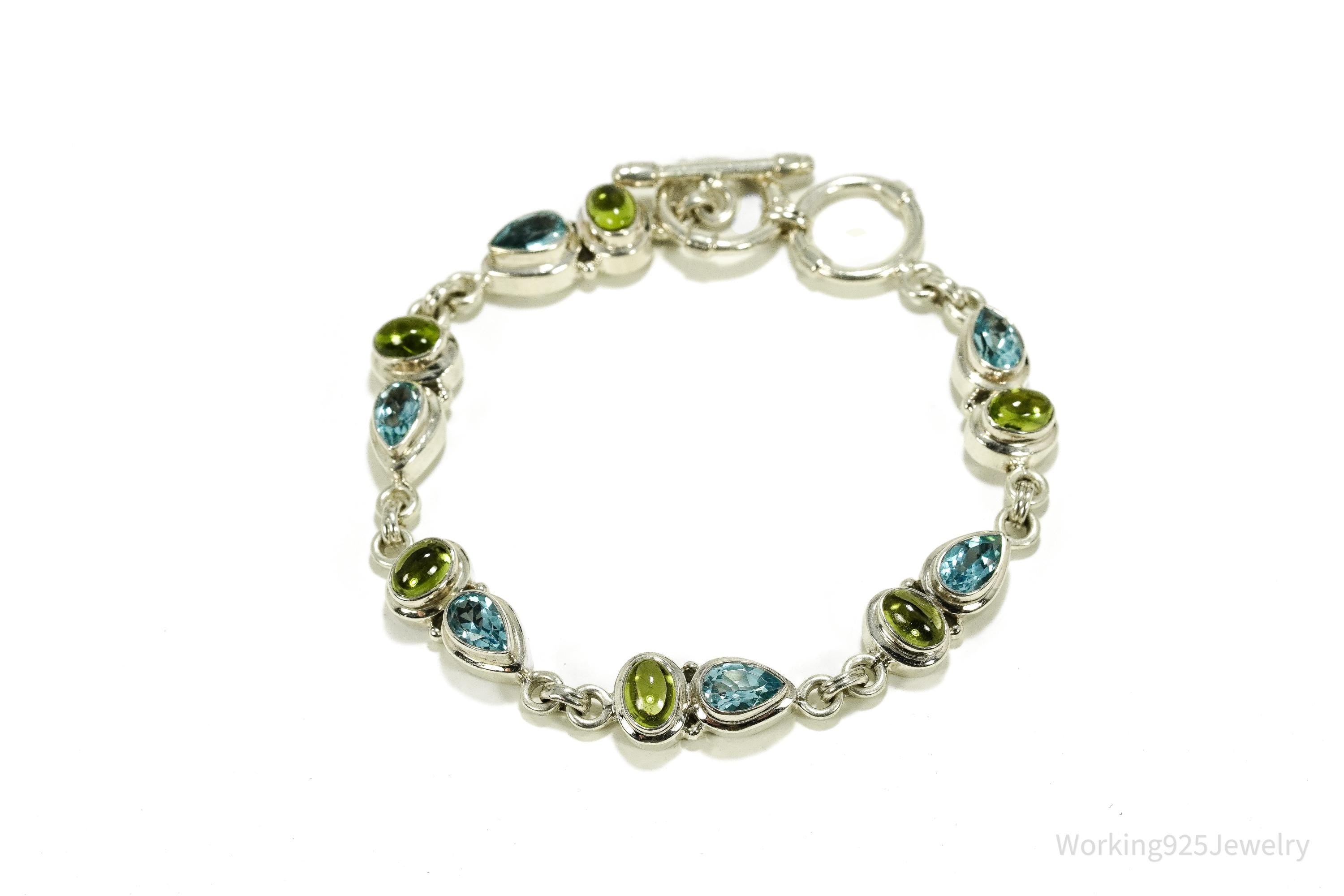 Vintage Blue Topaz & Peridot Sterling Silver Toggle Bracelet 8 1/8"