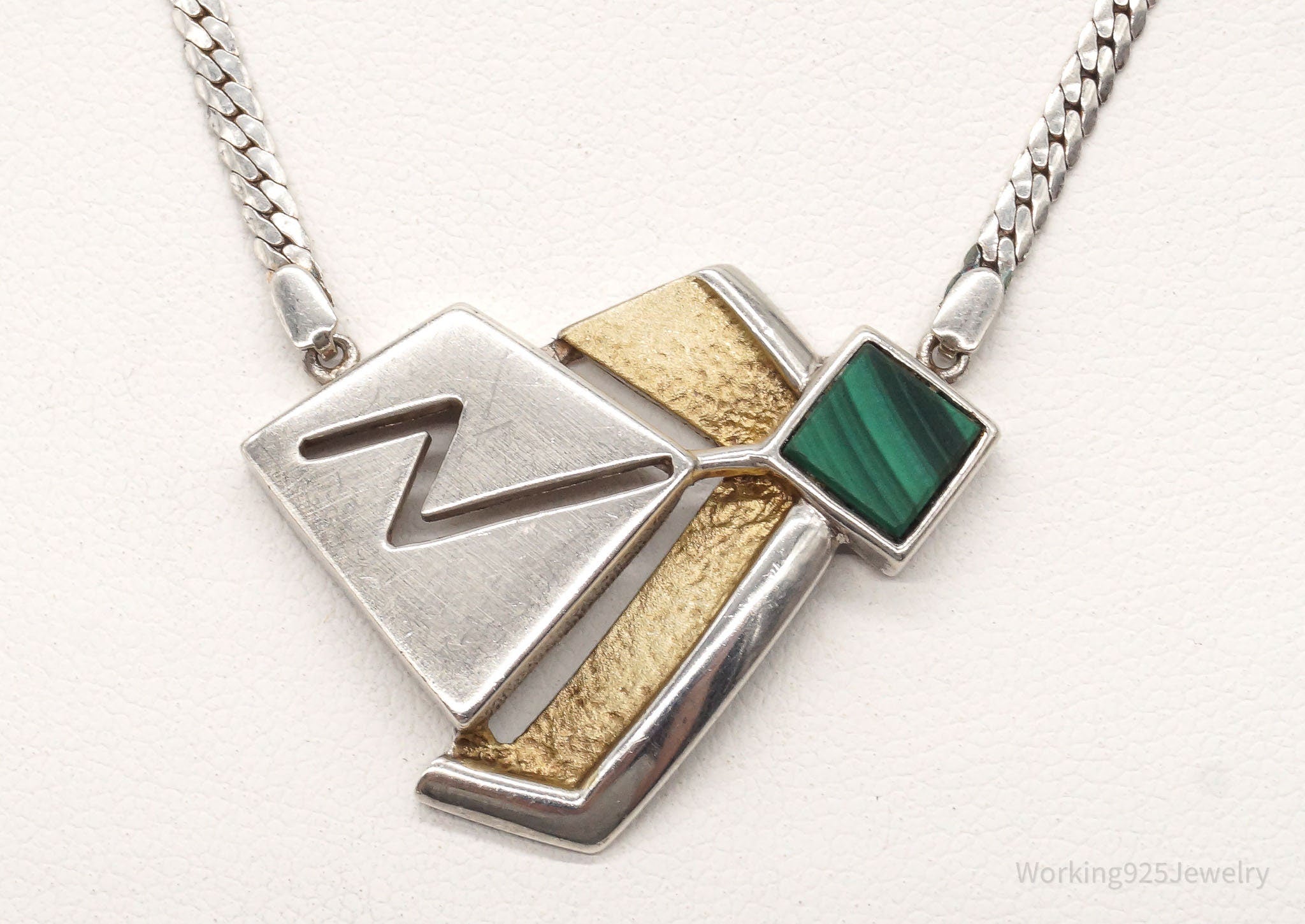 Vintage Malachite Modernist Gold Vermeil Sterling Silver Necklace