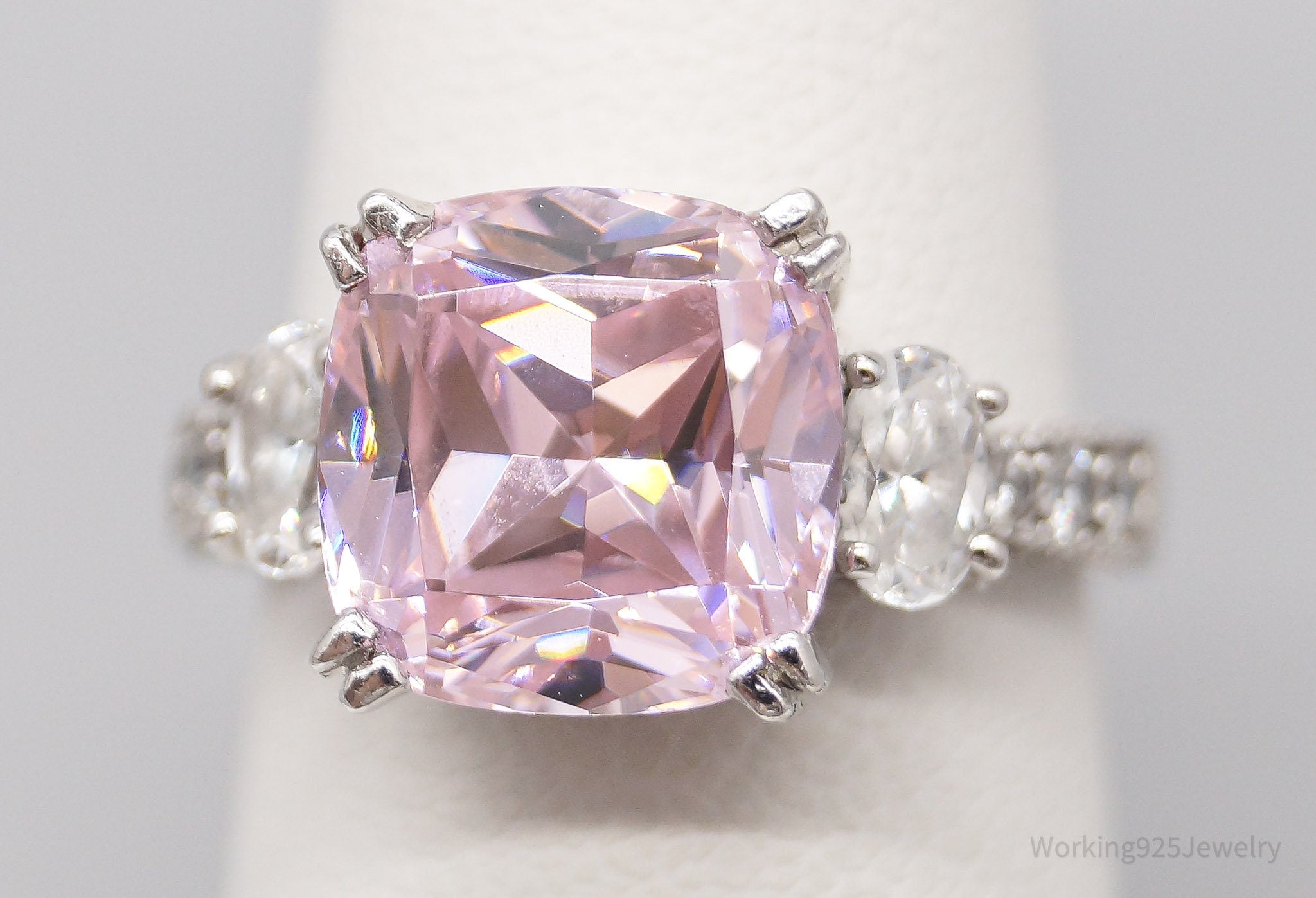 Vintage Large Pink & White Cubic Zirconia Sterling Silver Ring - Size 6