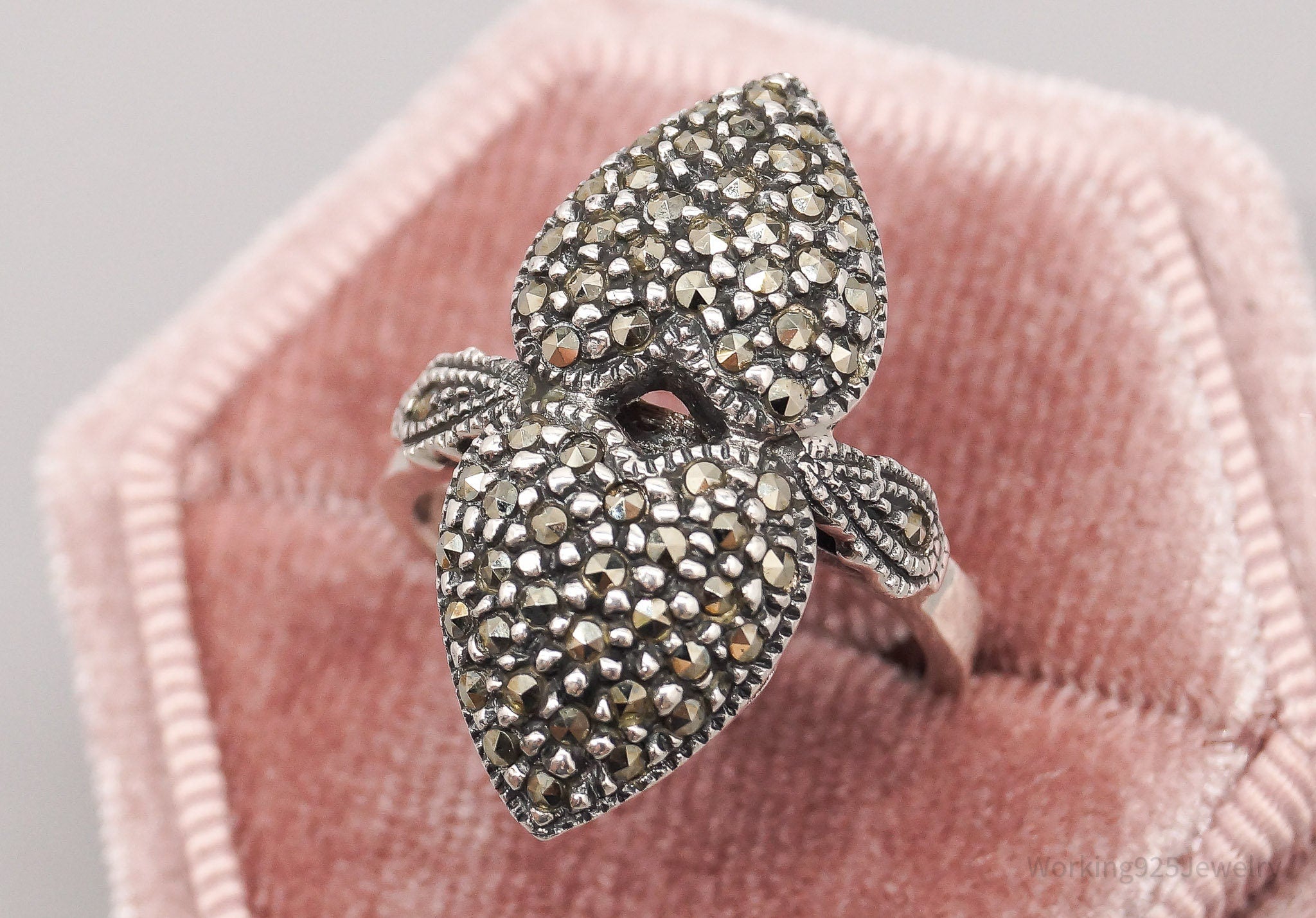 Vintage Designer Judith Jack Marcasite Hearts Sterling Silver Ring - Size 6.75