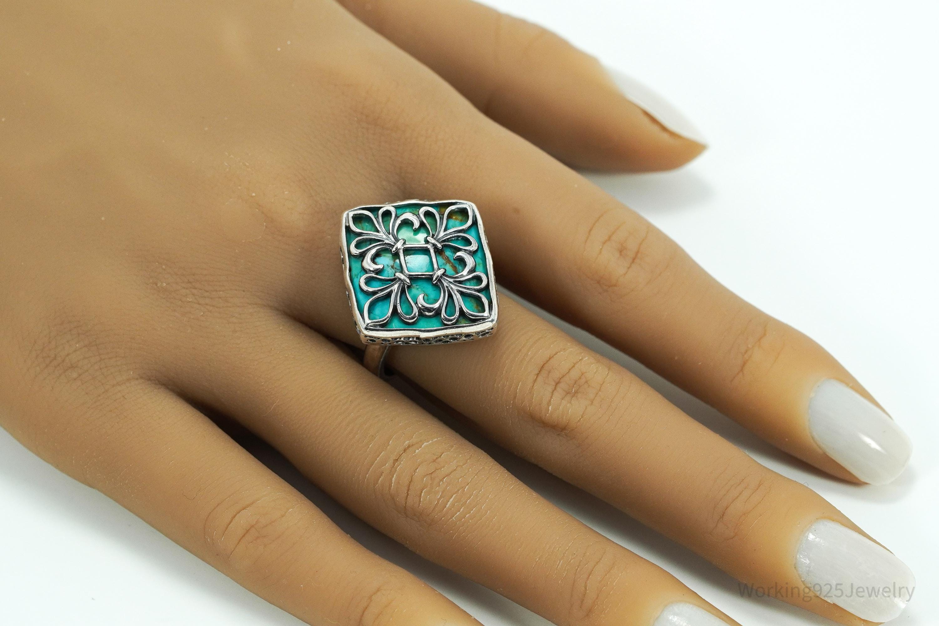 Vintage Caged Turquoise Sterling Silver Ring - Size 10