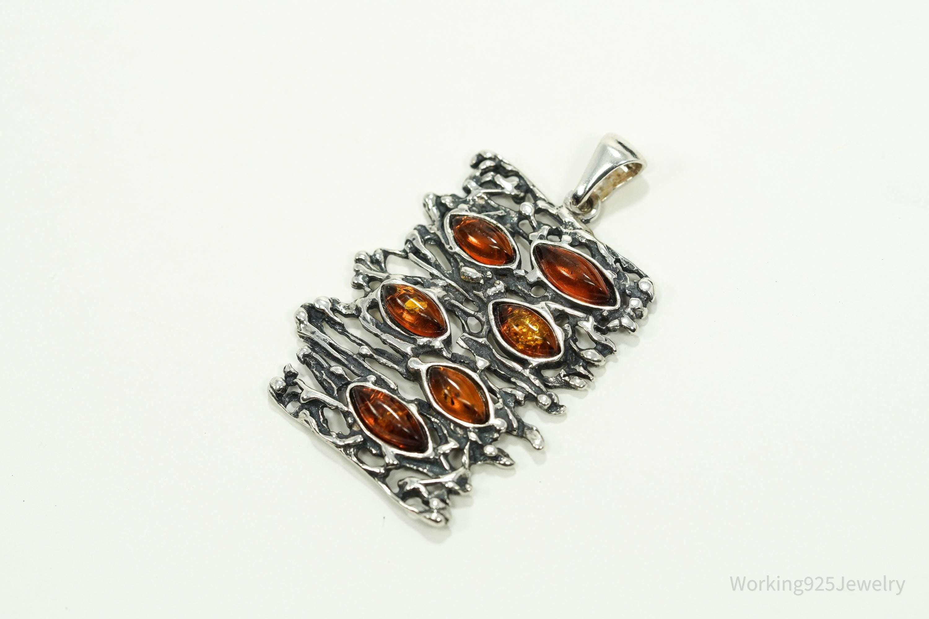 Vintage Brutalist Amber Sterling Silver Pendant