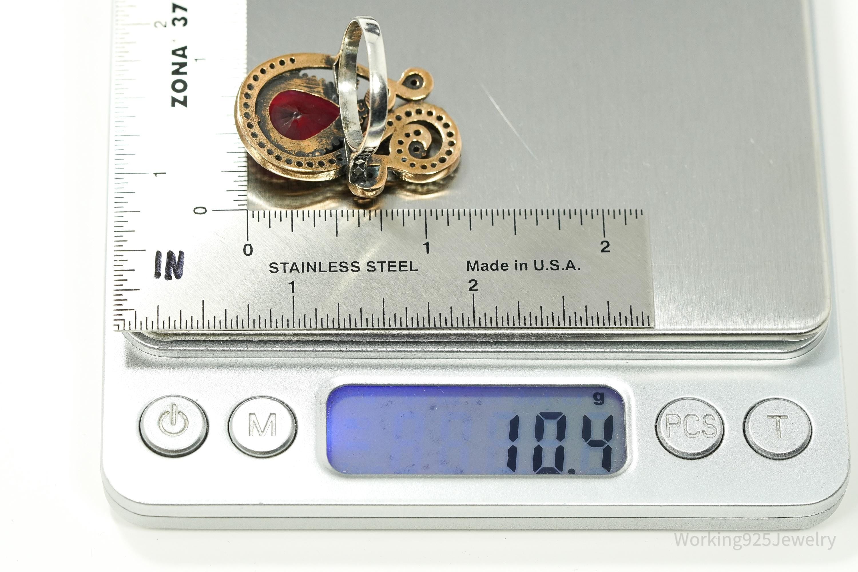 Vintage Red Stone, Ruby, & Cubic Zirconia Sterling Silver Ring - Size 7.5