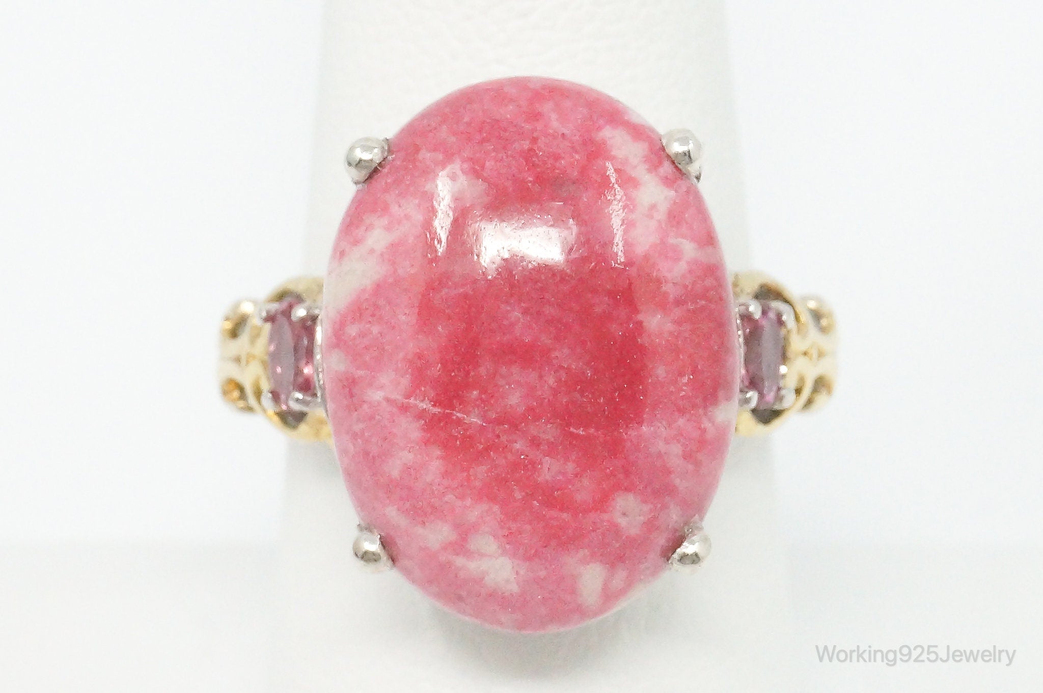 Vintage Thulite Pink Topaz Gold Vermeil Sterling Silver Ring - Size 8