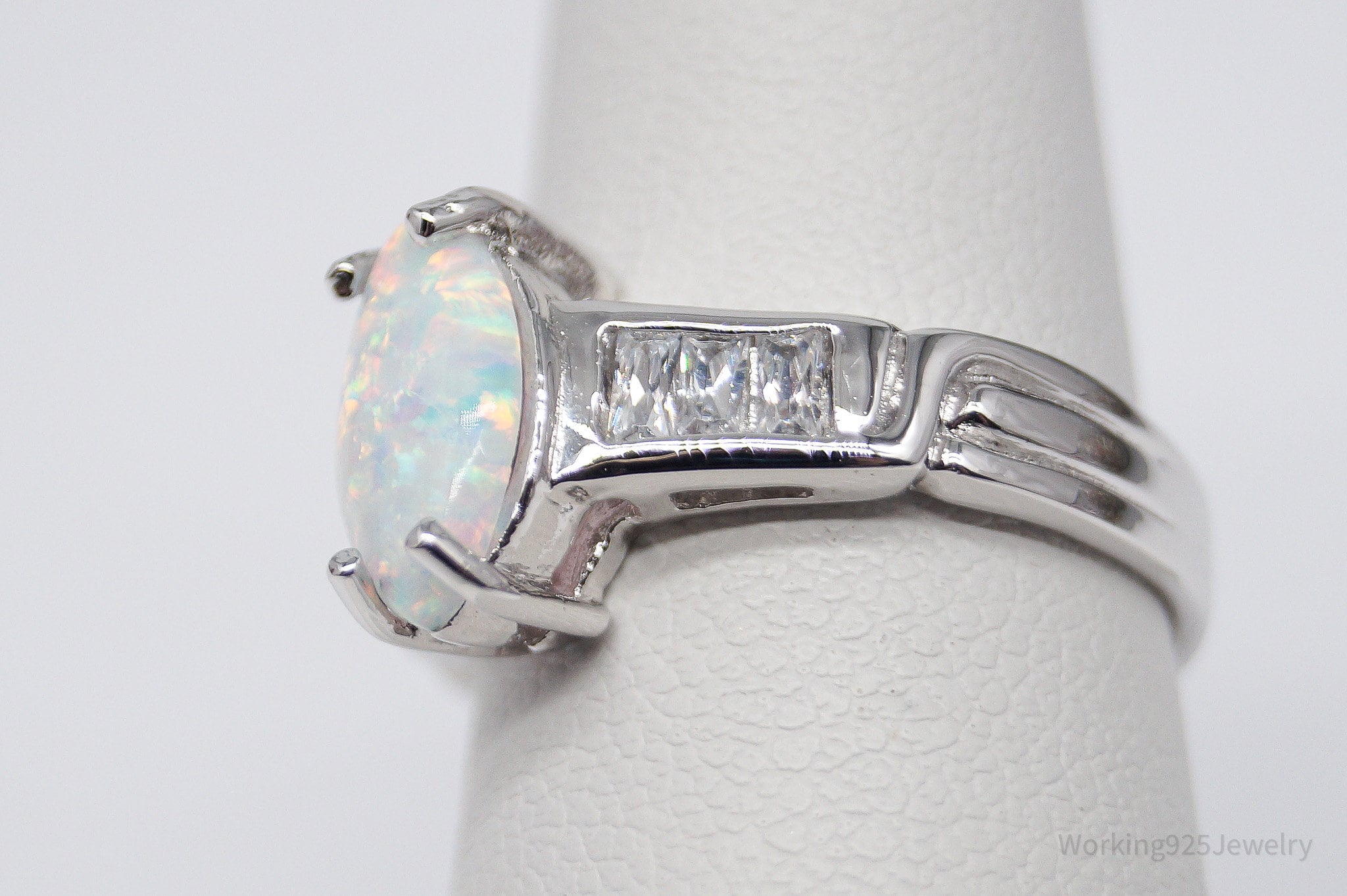 Vintage Opal & Cubic Zirconia Sterling Silver Ring - Size 5.75