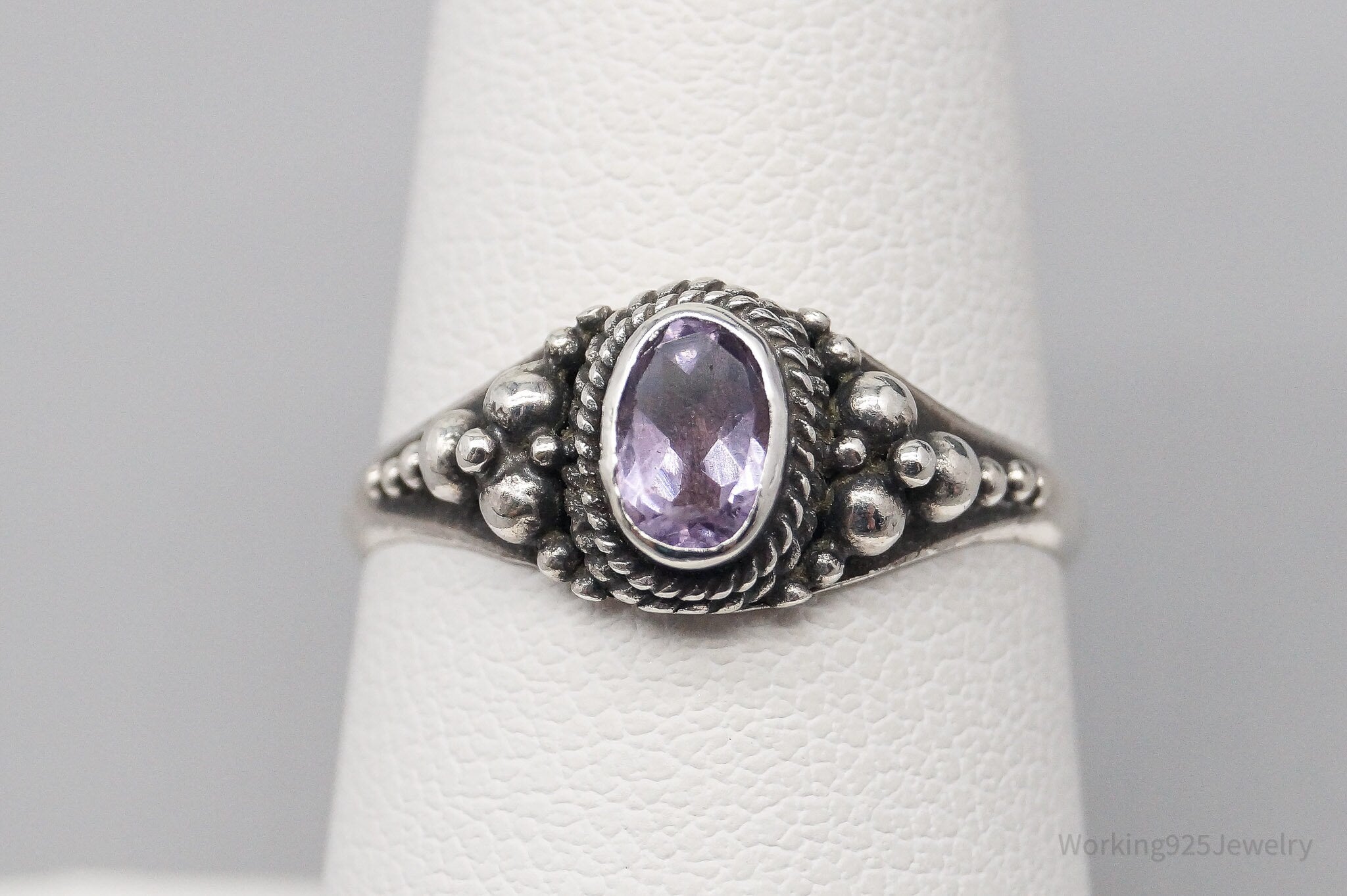 Vintage Amethyst Modernist Style Silver Ring - Size 7.5