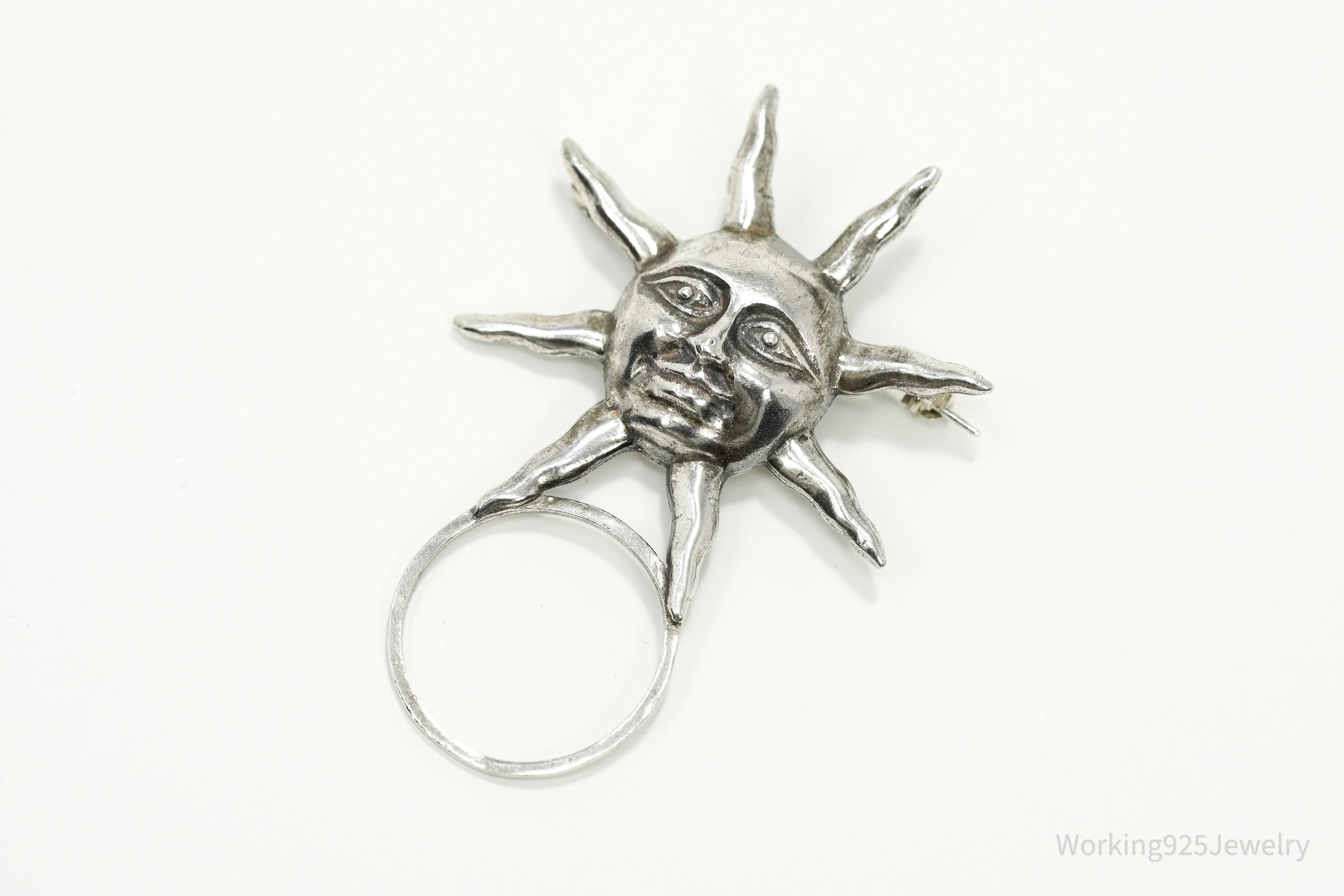 Vintage Large Sun Face Sterling Silver Pin Pendant 2.25"