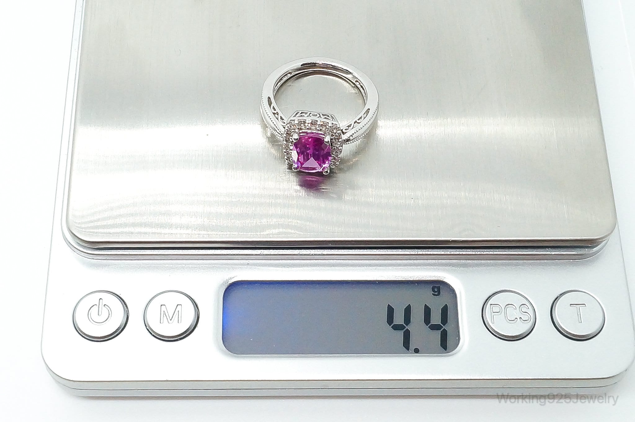 Fuchsia Tourmaline Cubic Zirconia "Mom" Sterling Silver Ring - Size 6.75