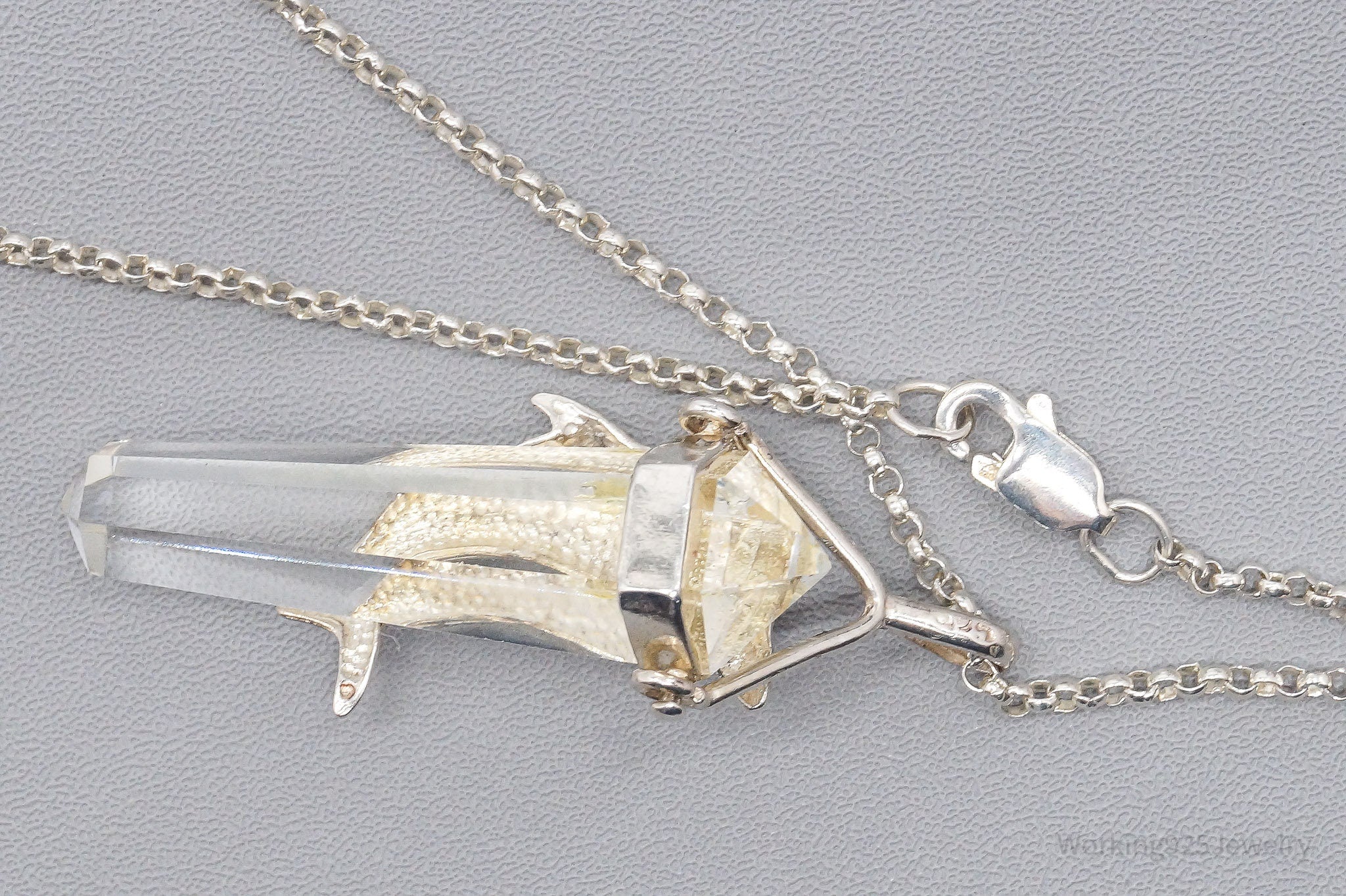 Vintage Dolphin & Crystal Sterling Silver Necklace 18"