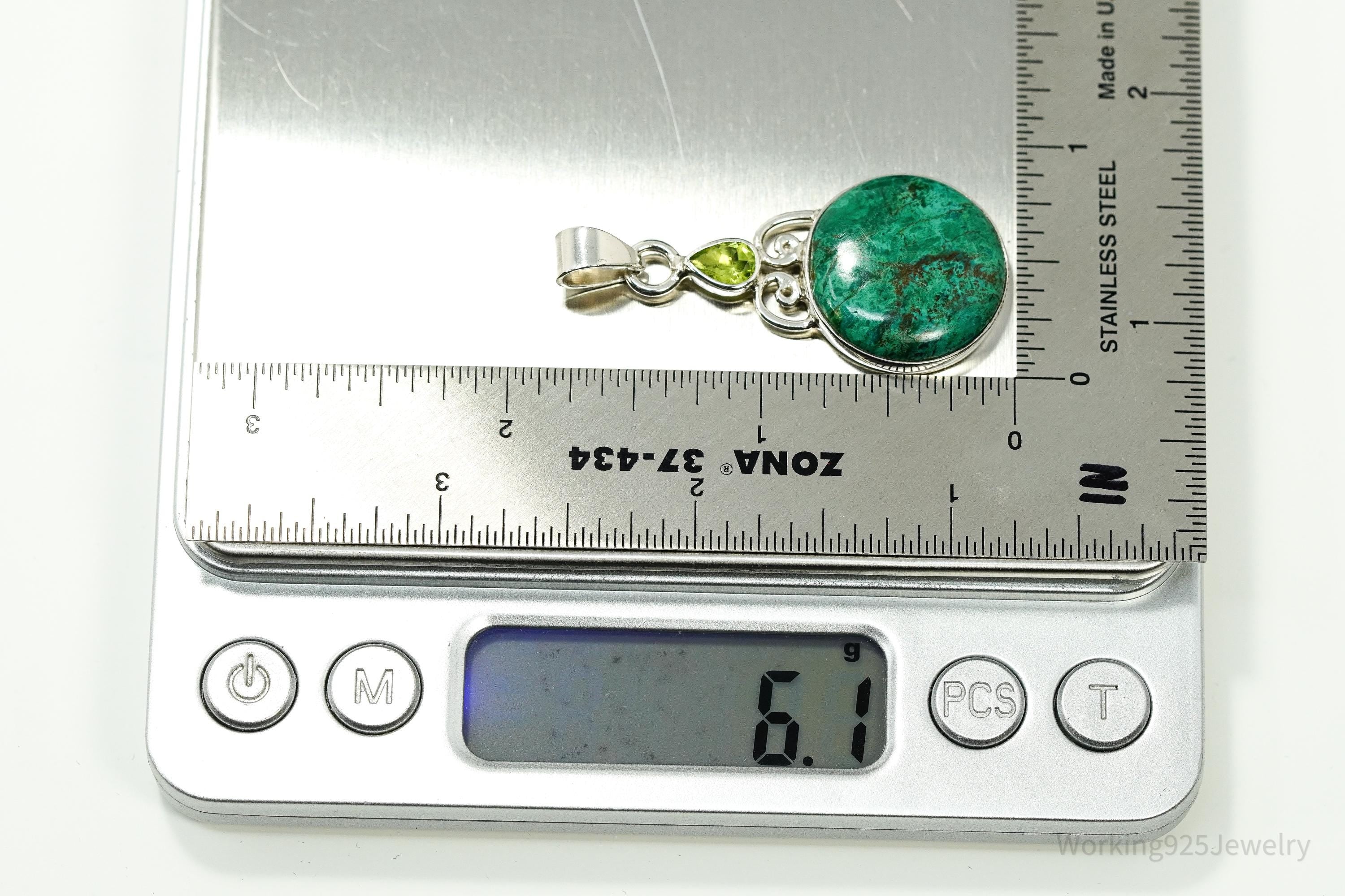 Vintage Large Chrysocolla & Peridot Sterling Silver Pendant
