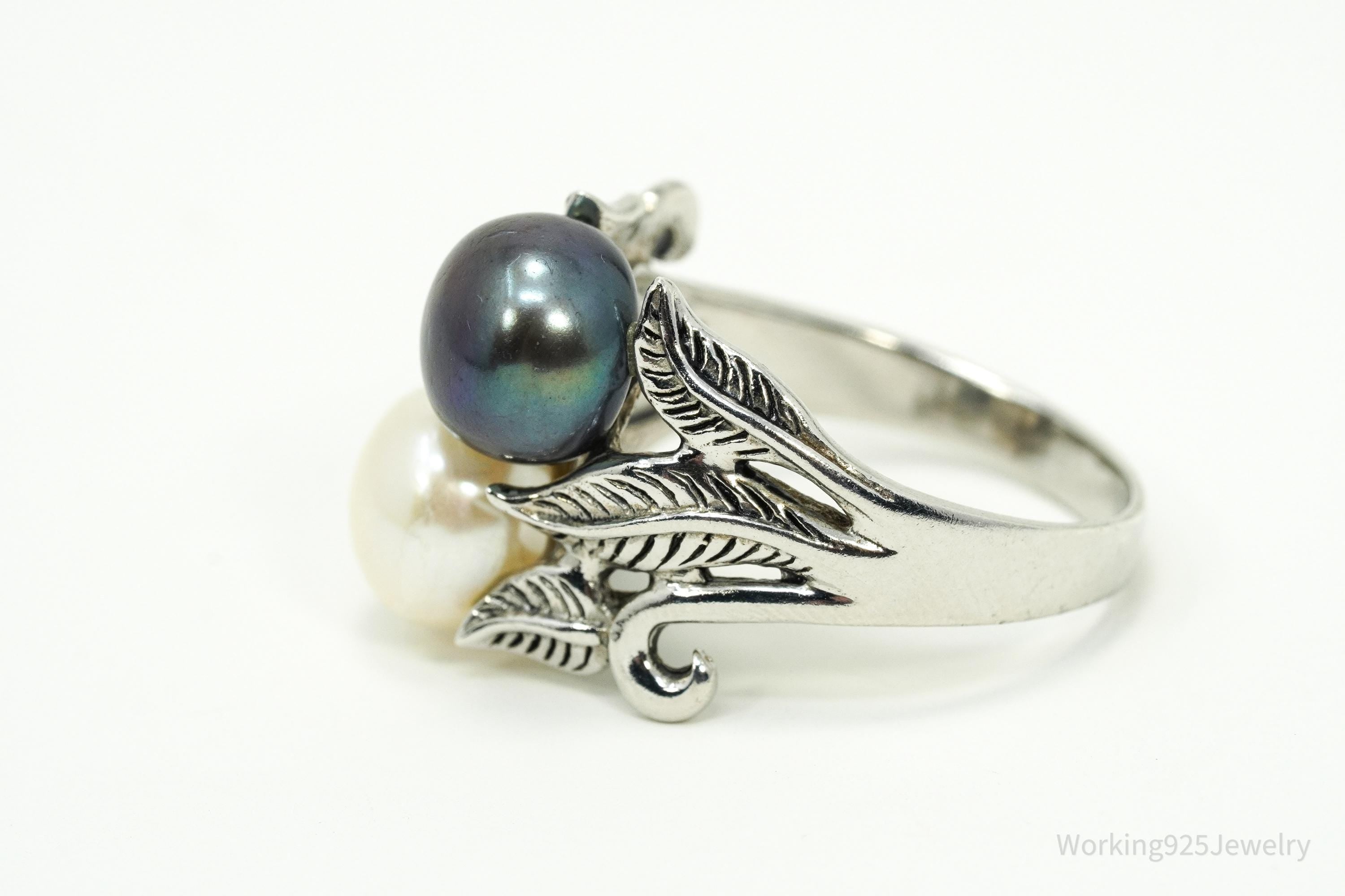 Vintage Designer CFJ White & Tahitian Pearl Sterling Silver Ring Size 10.75