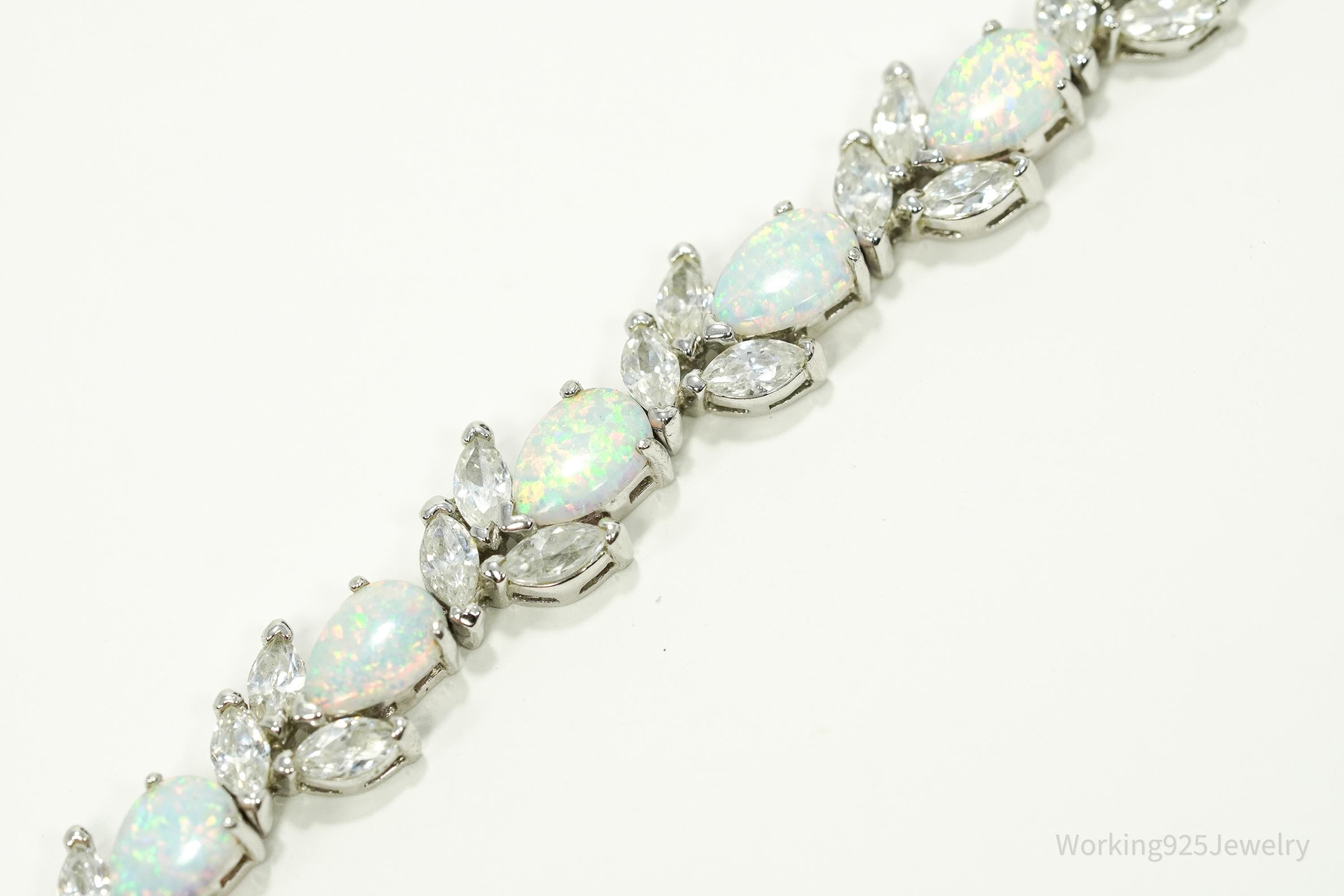Vintage Opal & Cubic Zirconia Sterling Silver Bracelet 7 3/8"