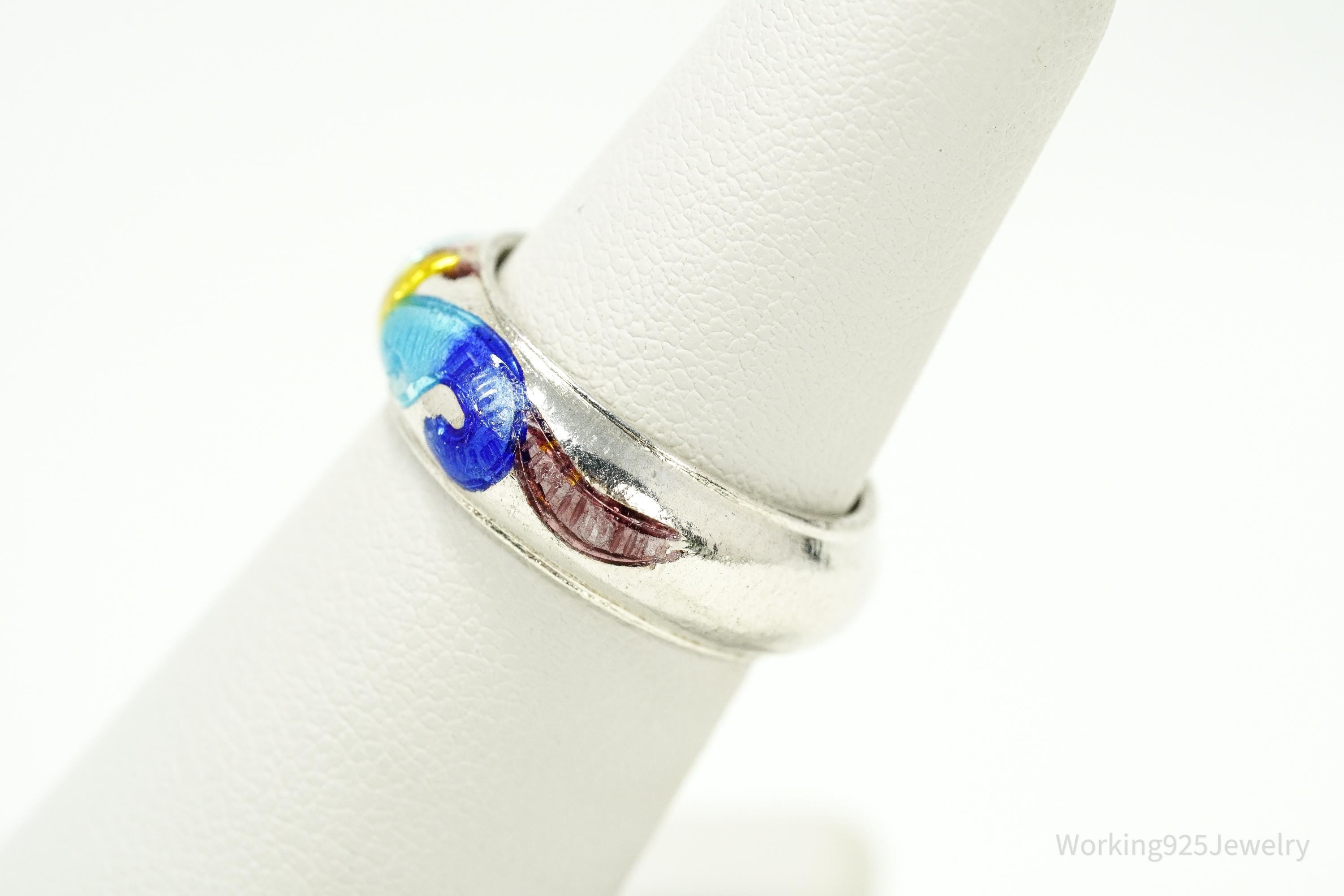 Vintage Enamel Silver Band Ring Size 6.25