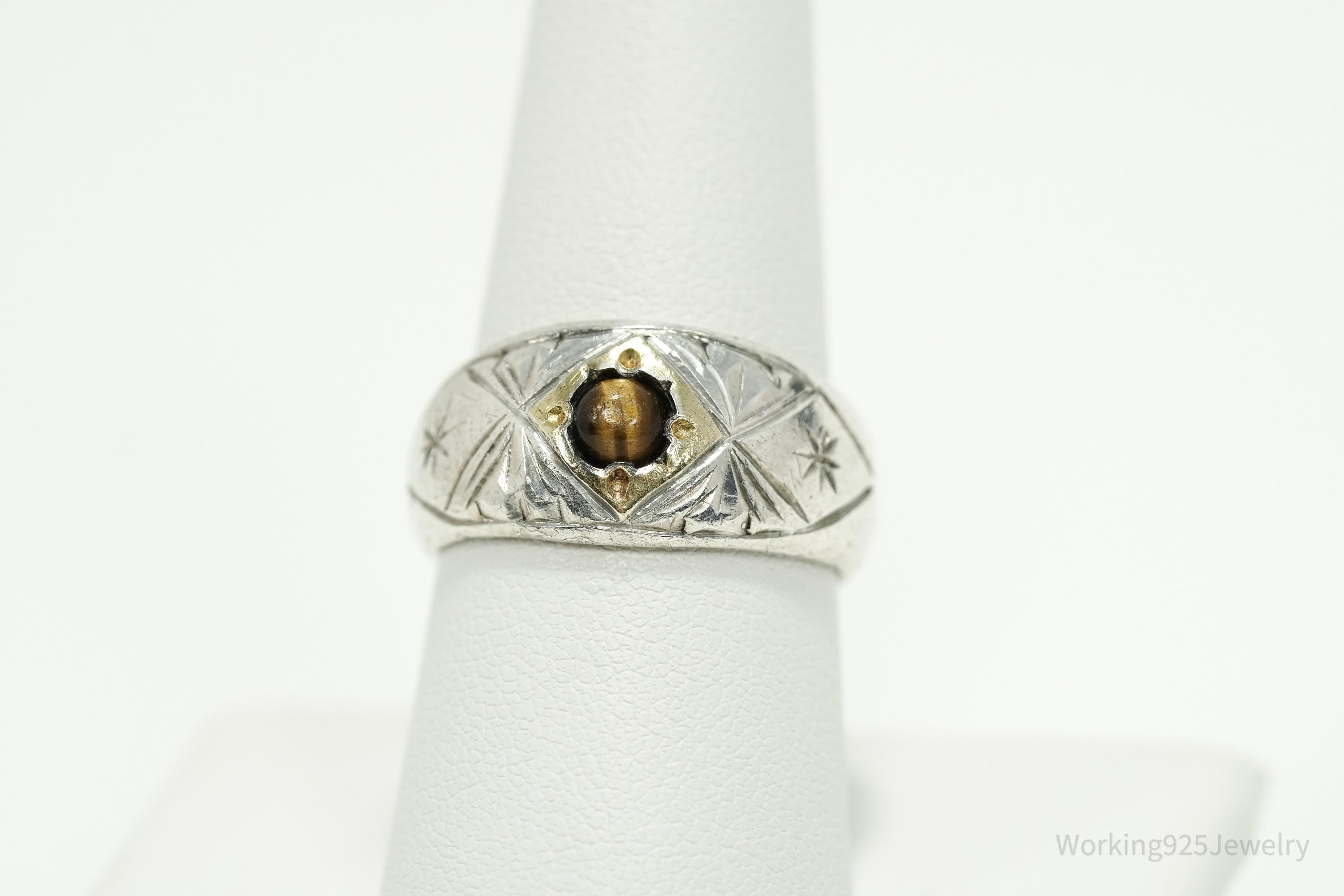 Antique Vintage Tigers Eye Gold Wash Silver Ring - Size 8.75