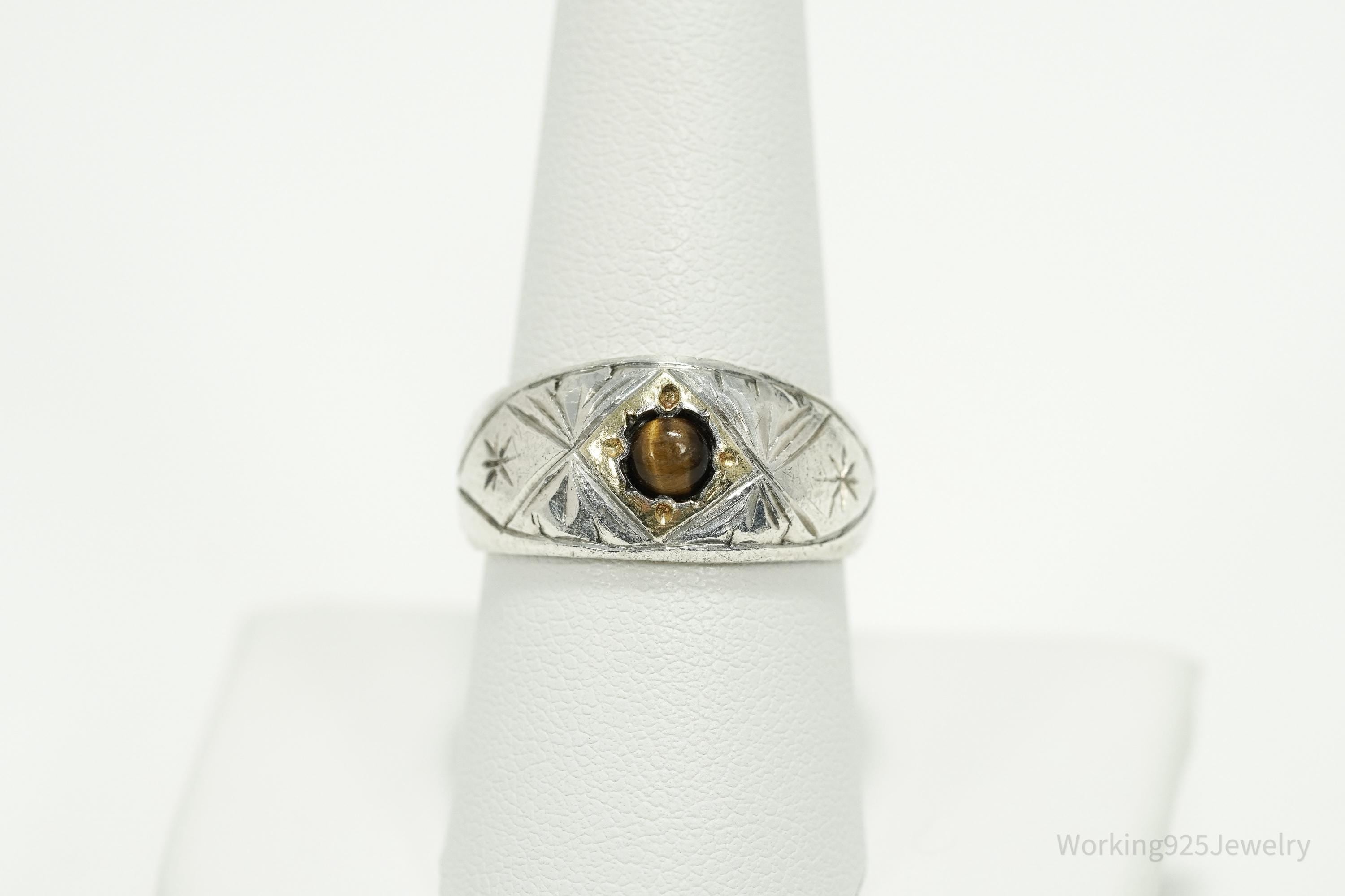 Antique Vintage Tigers Eye Gold Wash Silver Ring - Size 8.75