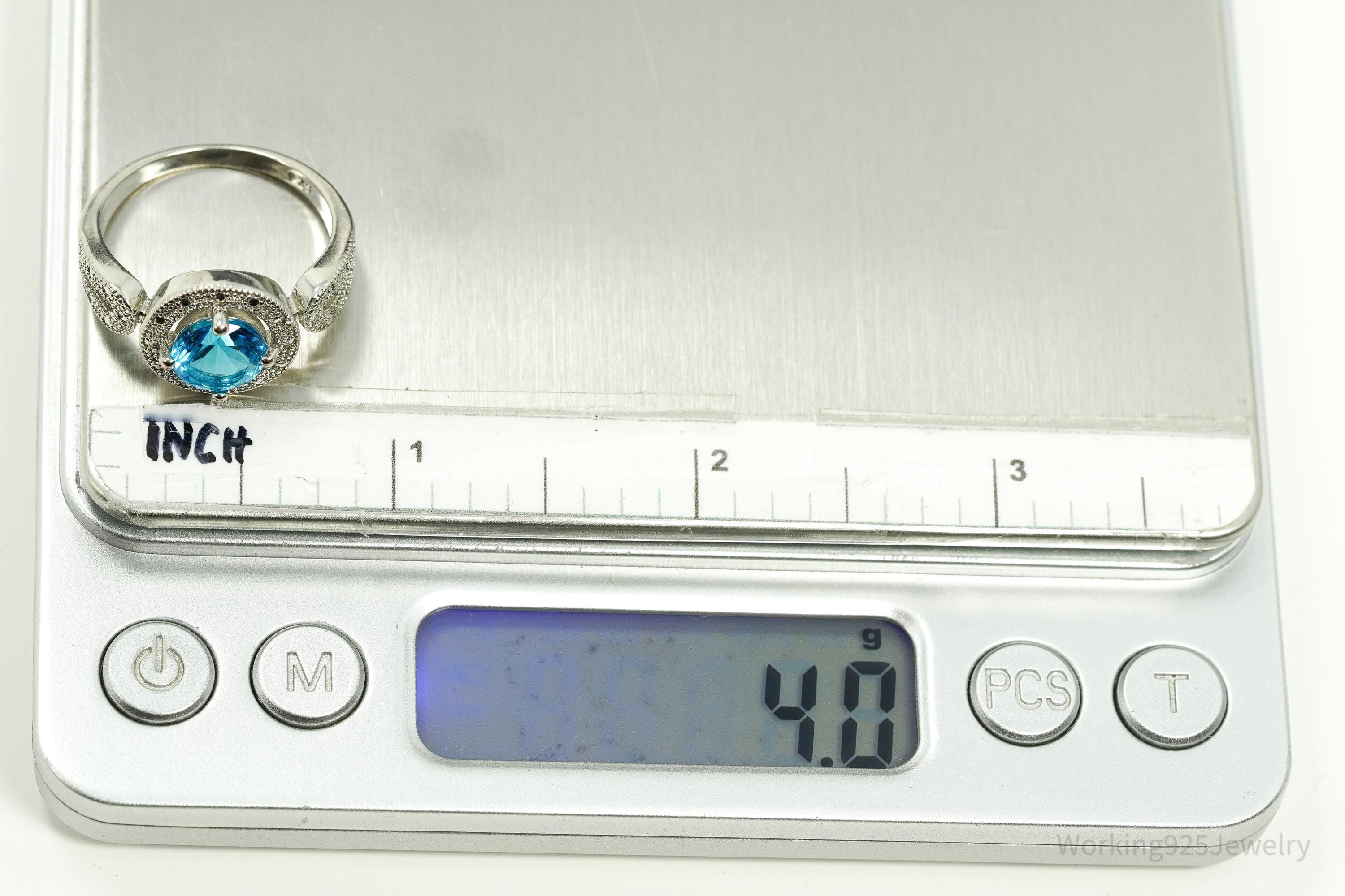 Vintage Faux Blue Topaz Sterling Silver Plated Ring - Size 9.25