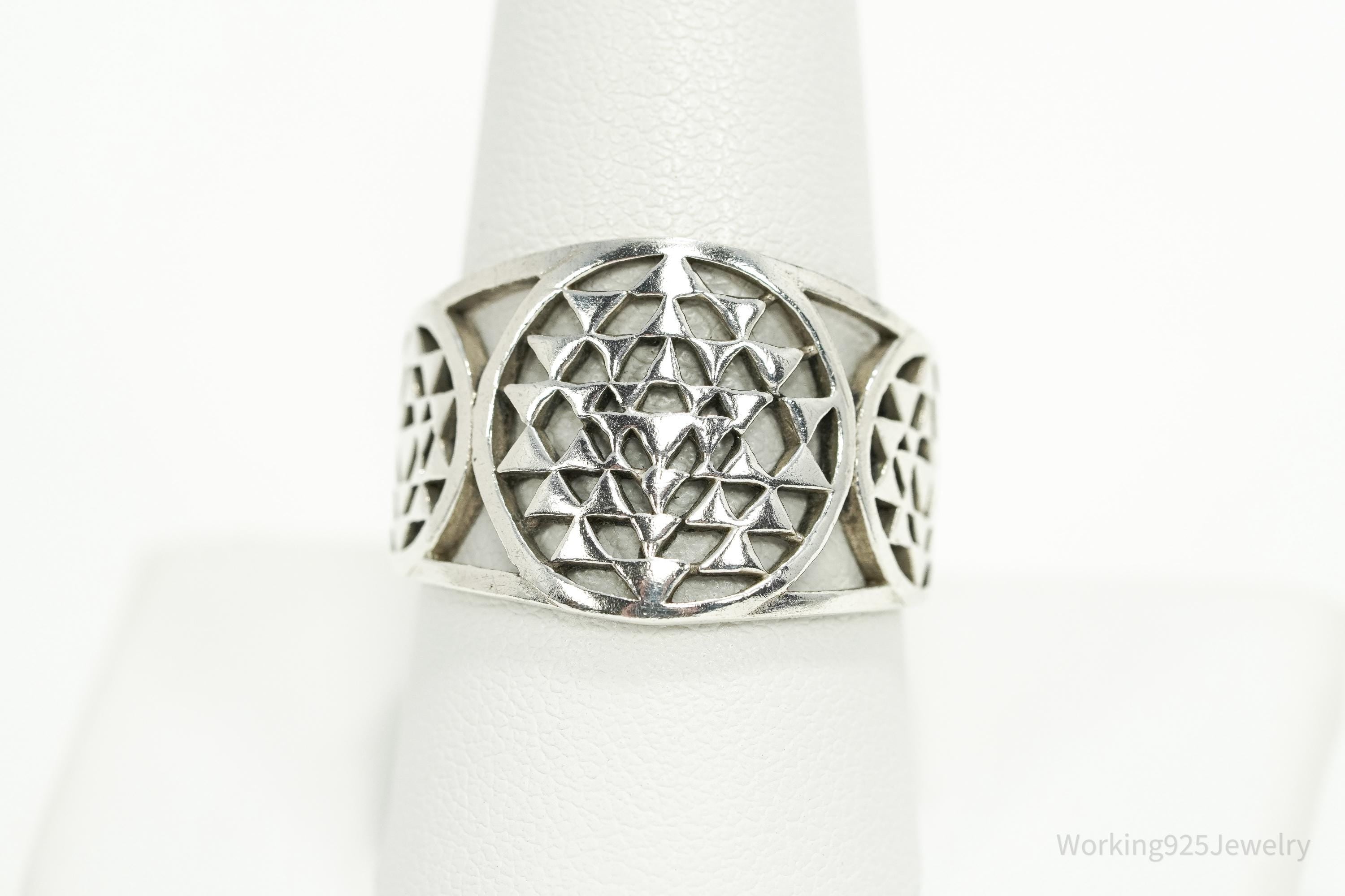 Vintage Sri Yantra Chakra Sterling Silver Wide Band Ring - Size 9.75