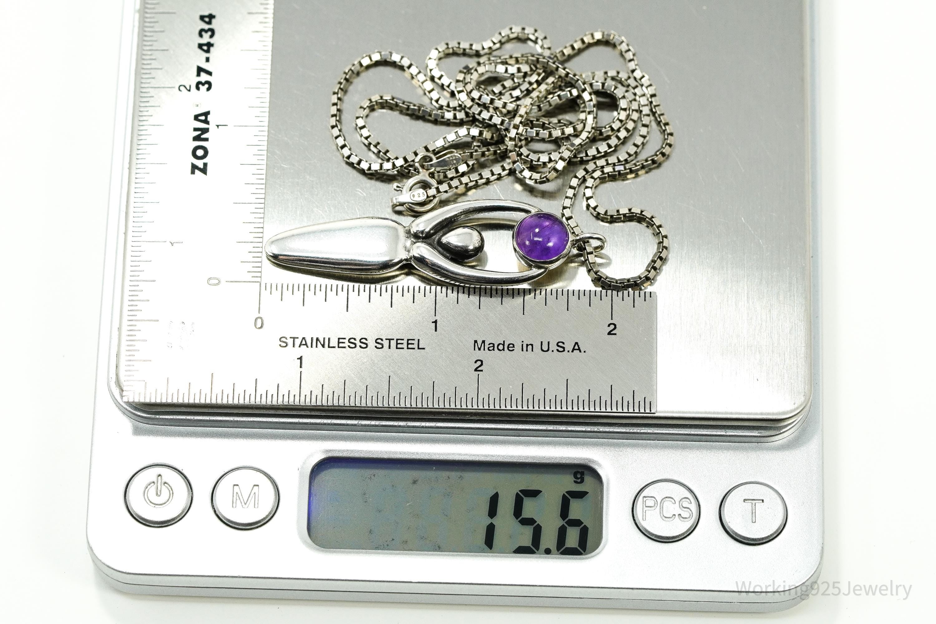 Vintage Amethyst Goddess Sterling Silver Necklace 22"