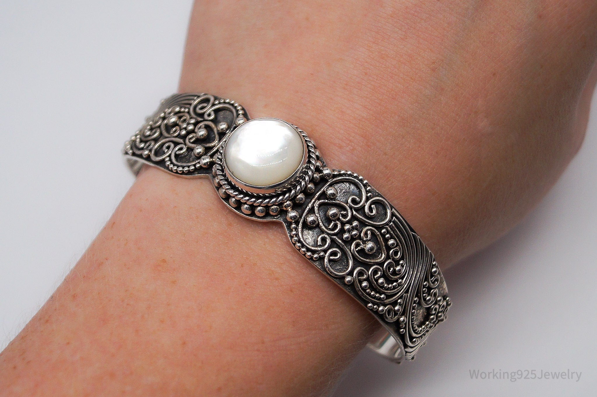 Vintage Designer BA Suarti Mother Of Pearl Sterling Silver Cuff Bracelet 7.25"