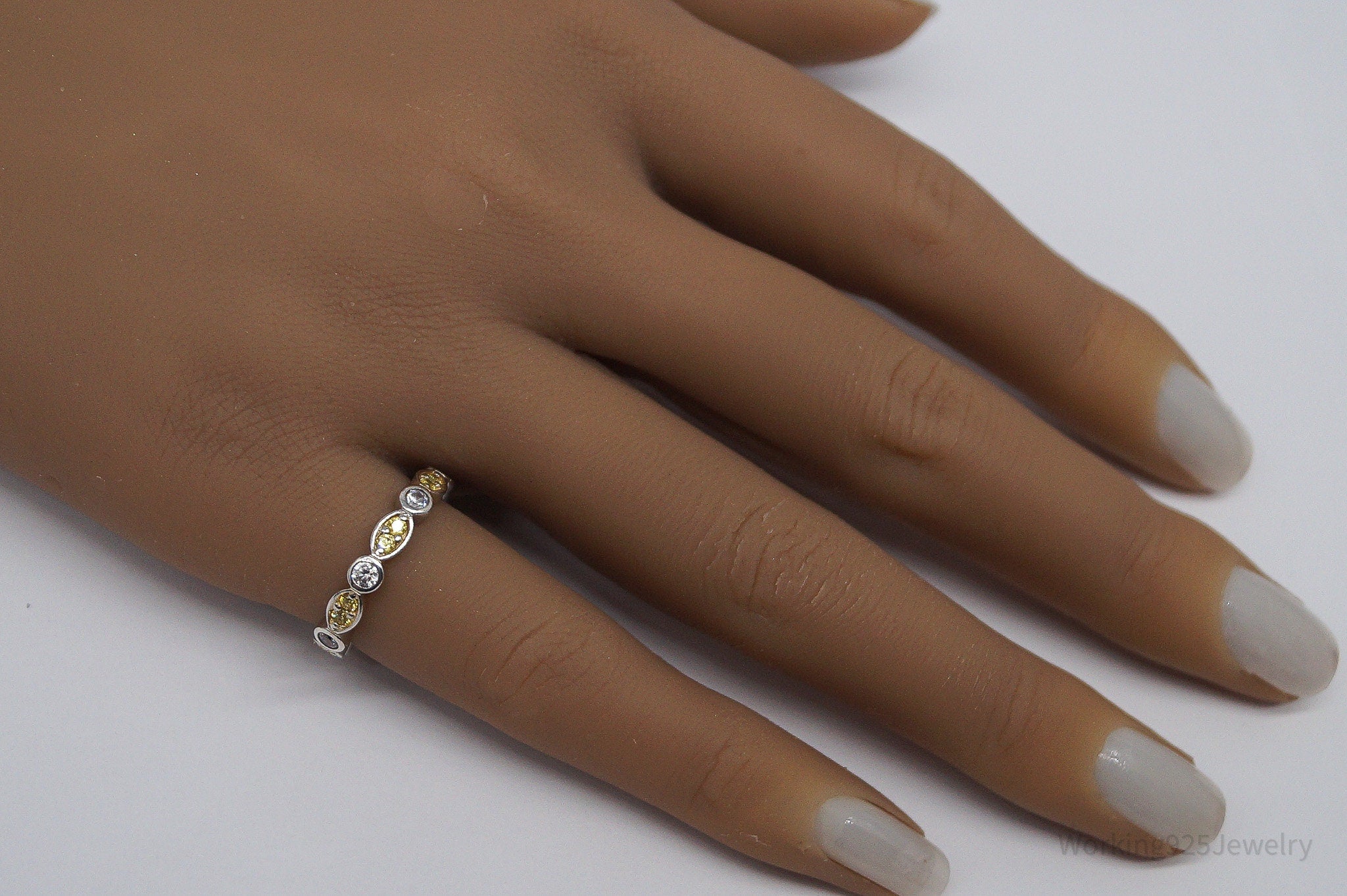 Vintage Yellow & White Cubic Zirconia Sterling Silver Ring- Size 5