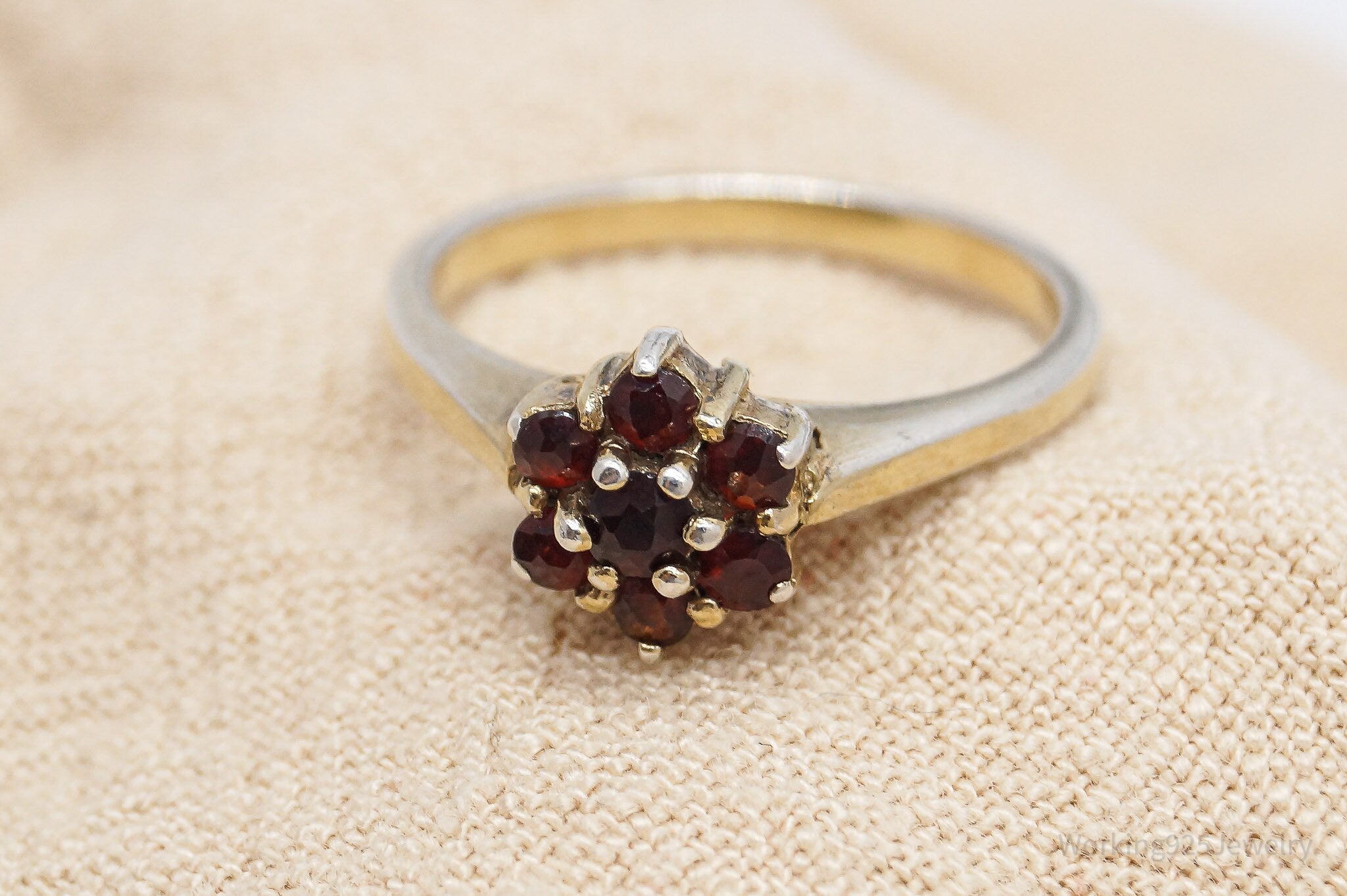 Vintage Bohemian Garnet Flower Gold Wash Sterling Silver Ring - Size 6.75