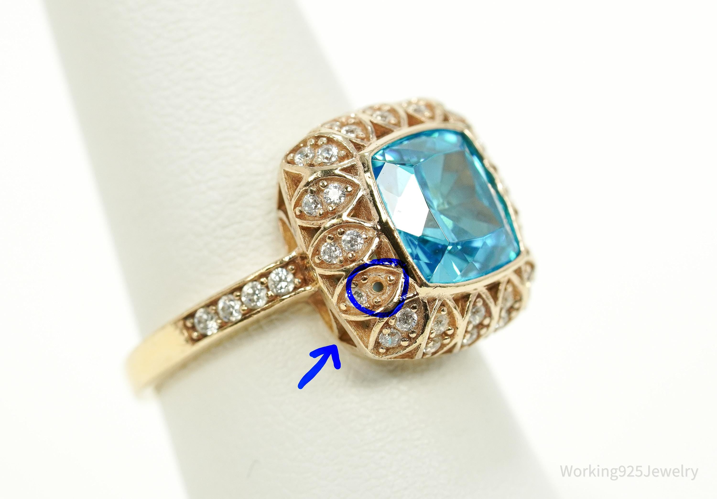 Vintage Blue Tourmaline & Cubic Zirconia Gold Vermeil Sterling Silver Ring - Size 7.25