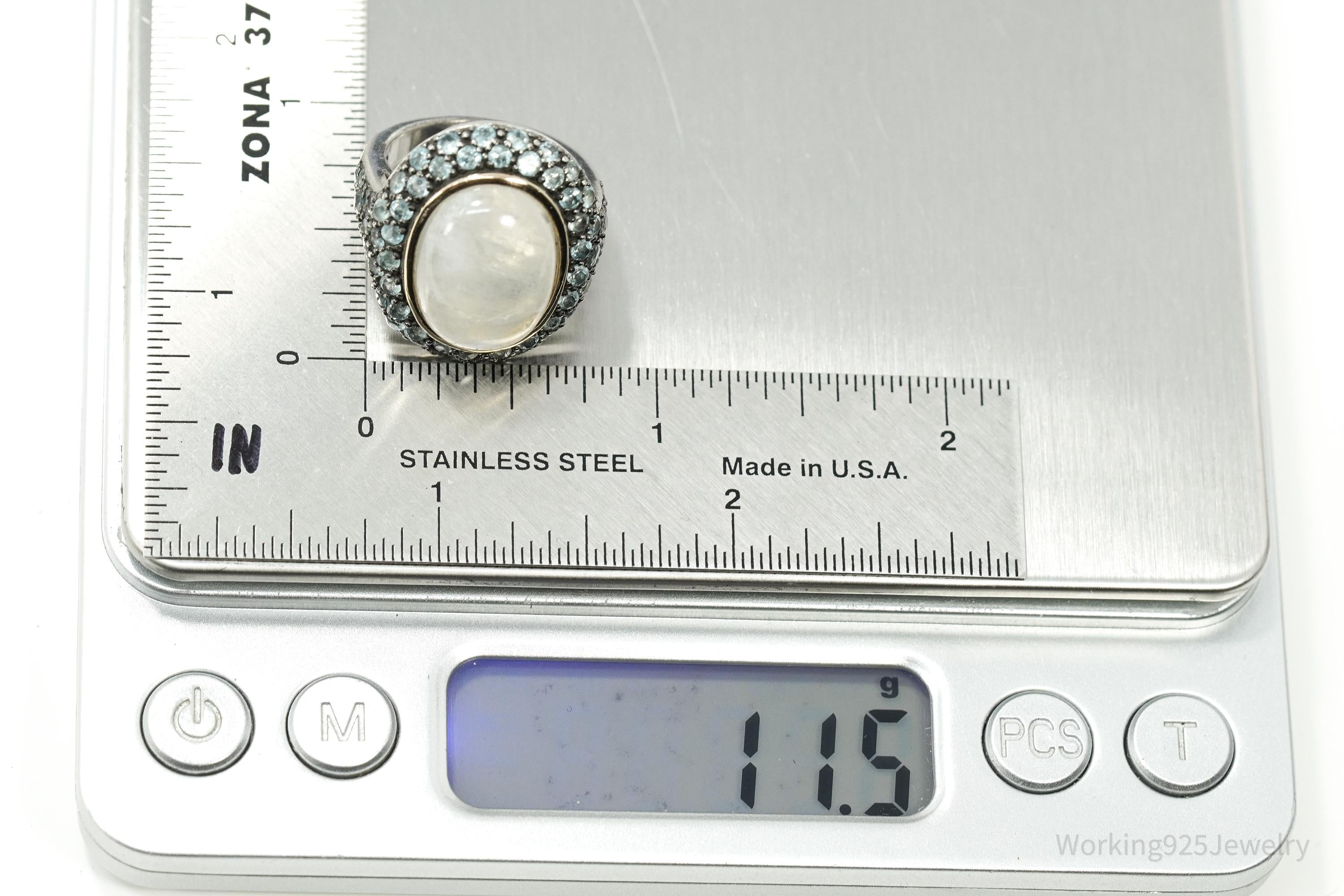 Vintage White Labradorite Moonstone & Blue Topaz 14K Sterling Silver Ring 5.75