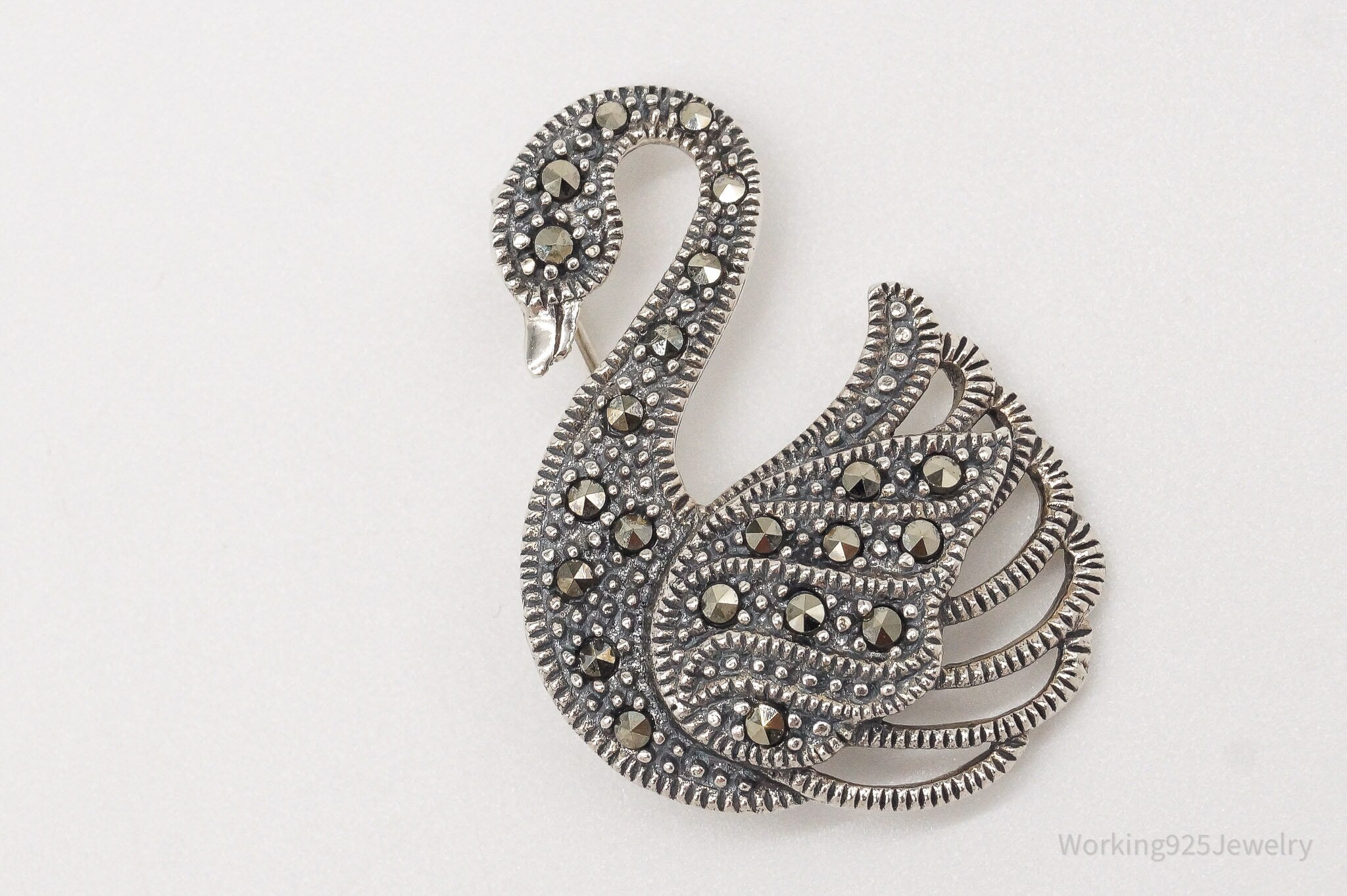 Vintage Marcasite Swan Sterling Silver Brooch Pin