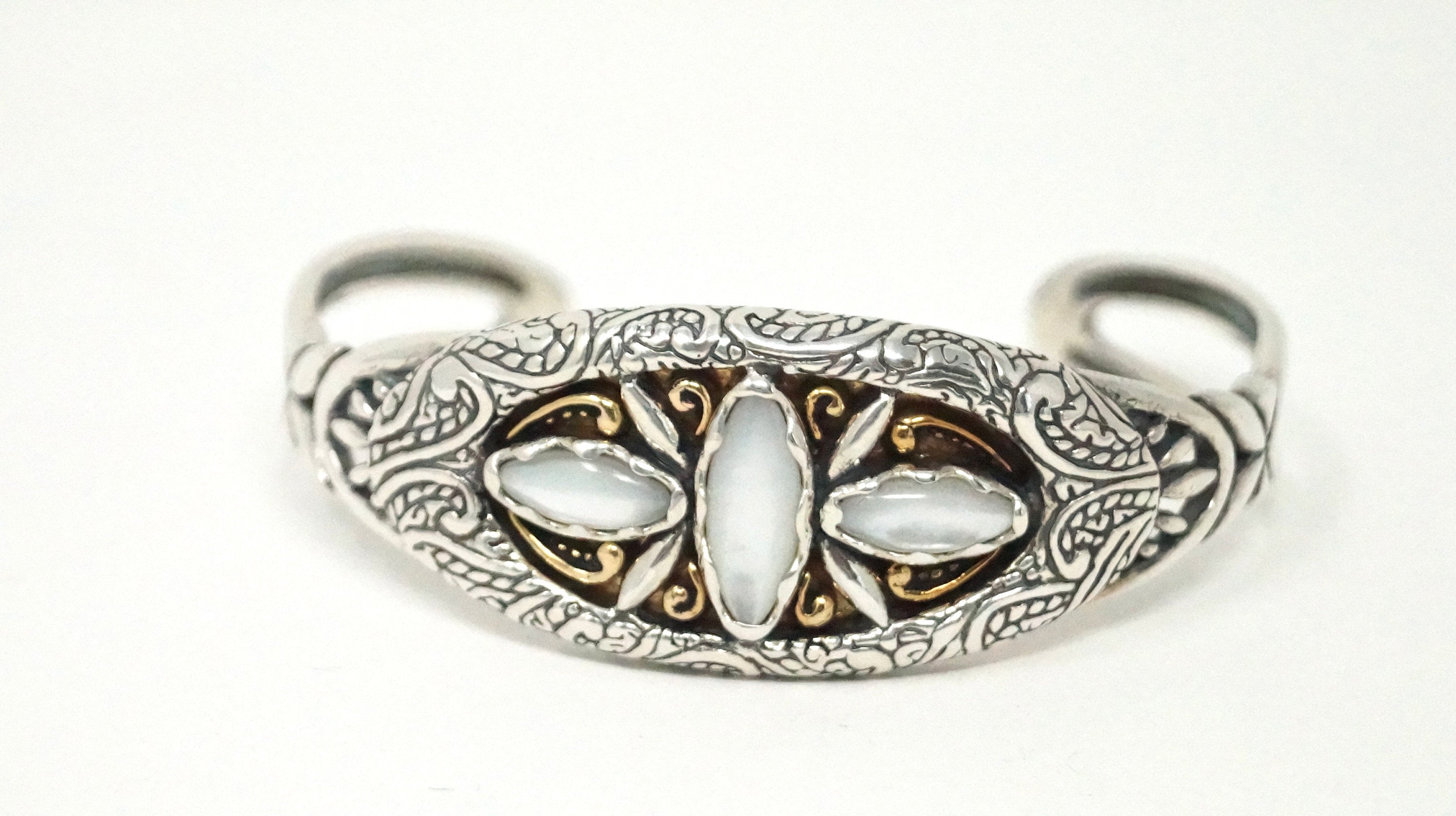 Vintage Southwest Carolyn Pollack Relios MOP Brass Sterling Silver Cuff Bracelet