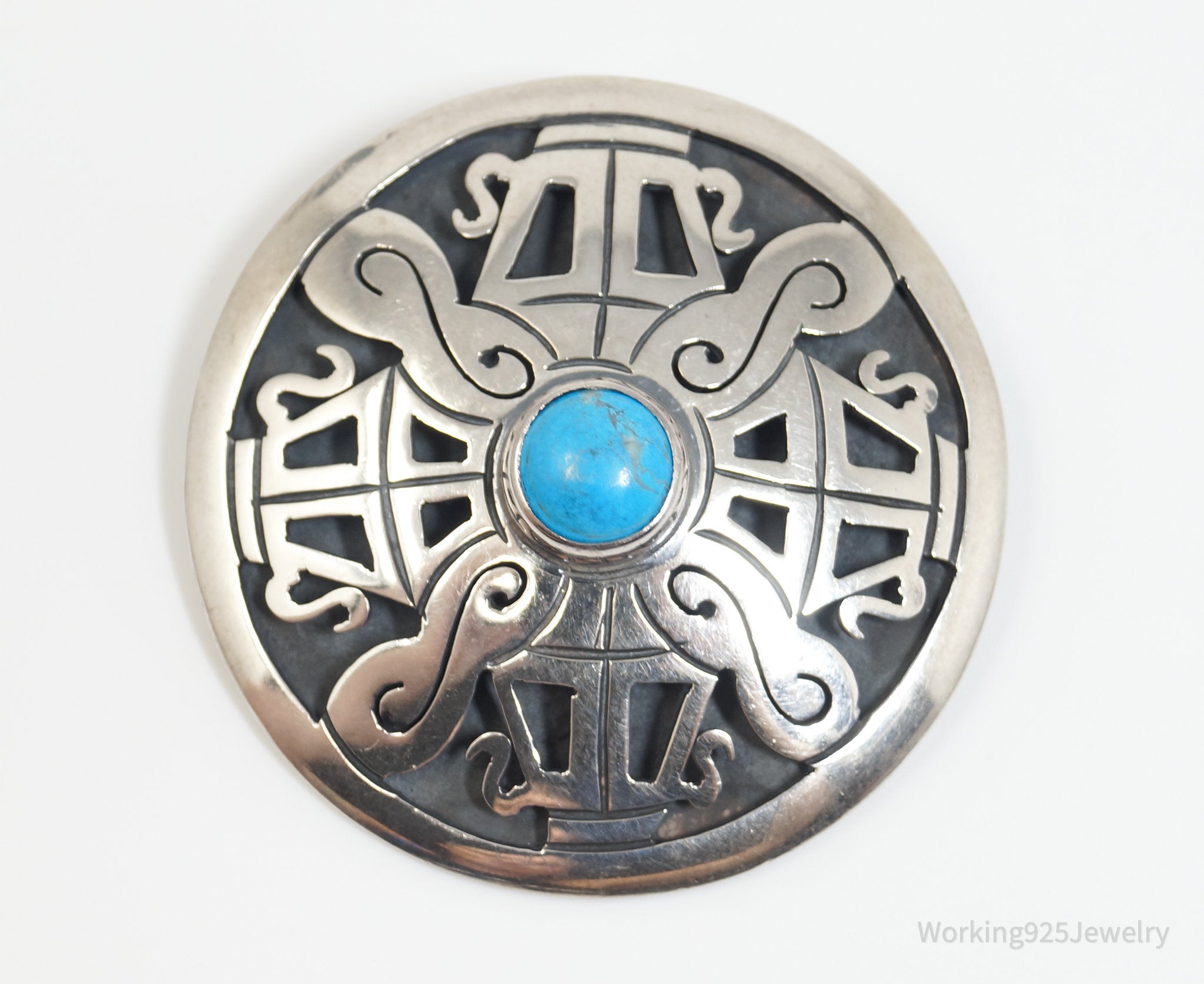 Vintage Taxco Designer Turquoise Shadow Aztec Sterling Silver Brooch Pin Pendant