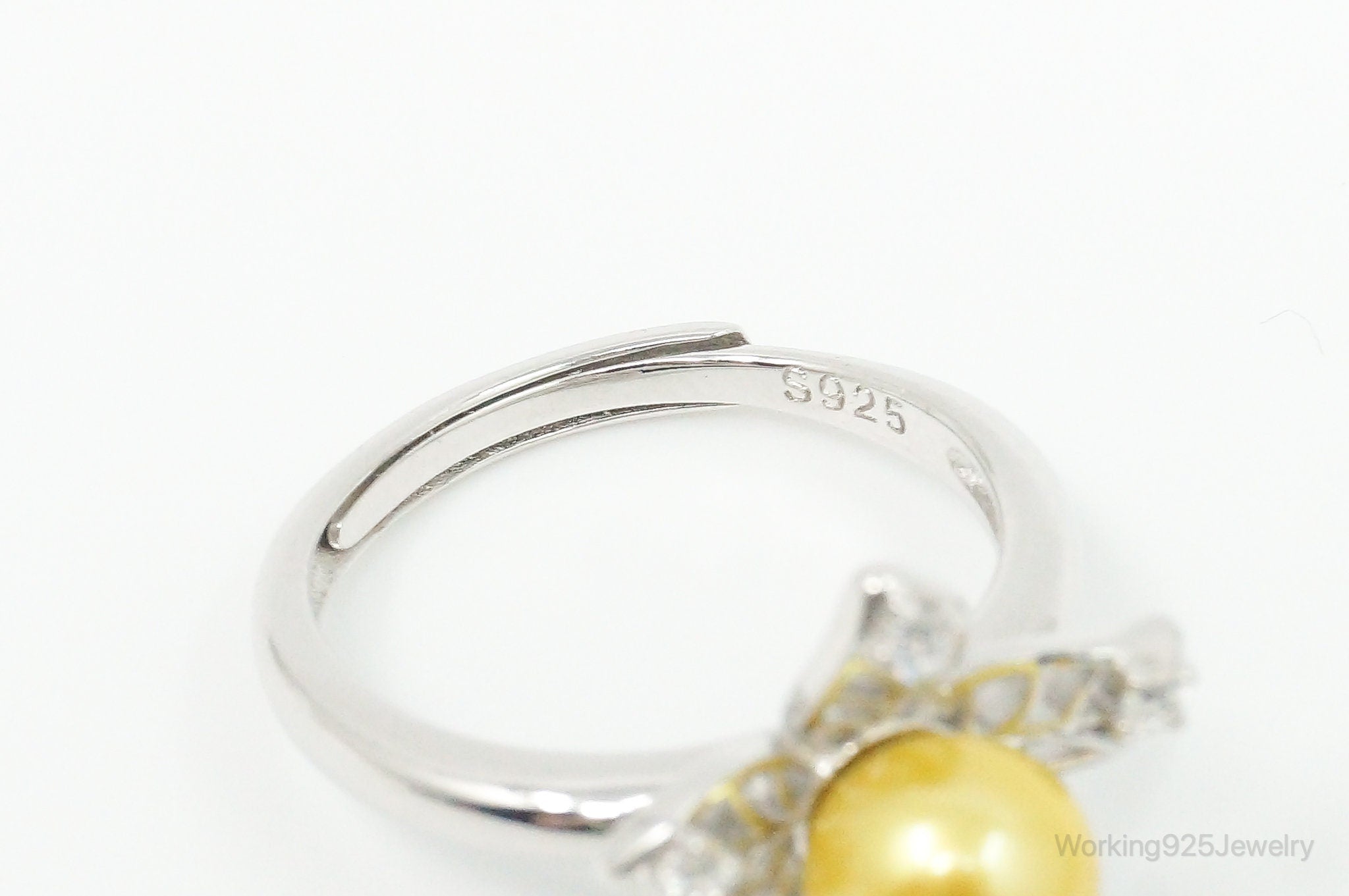 Faux Yellow Pearl Cubic Zirconia Flower Sterling Silver Ring SZ 5.75 Adjustable