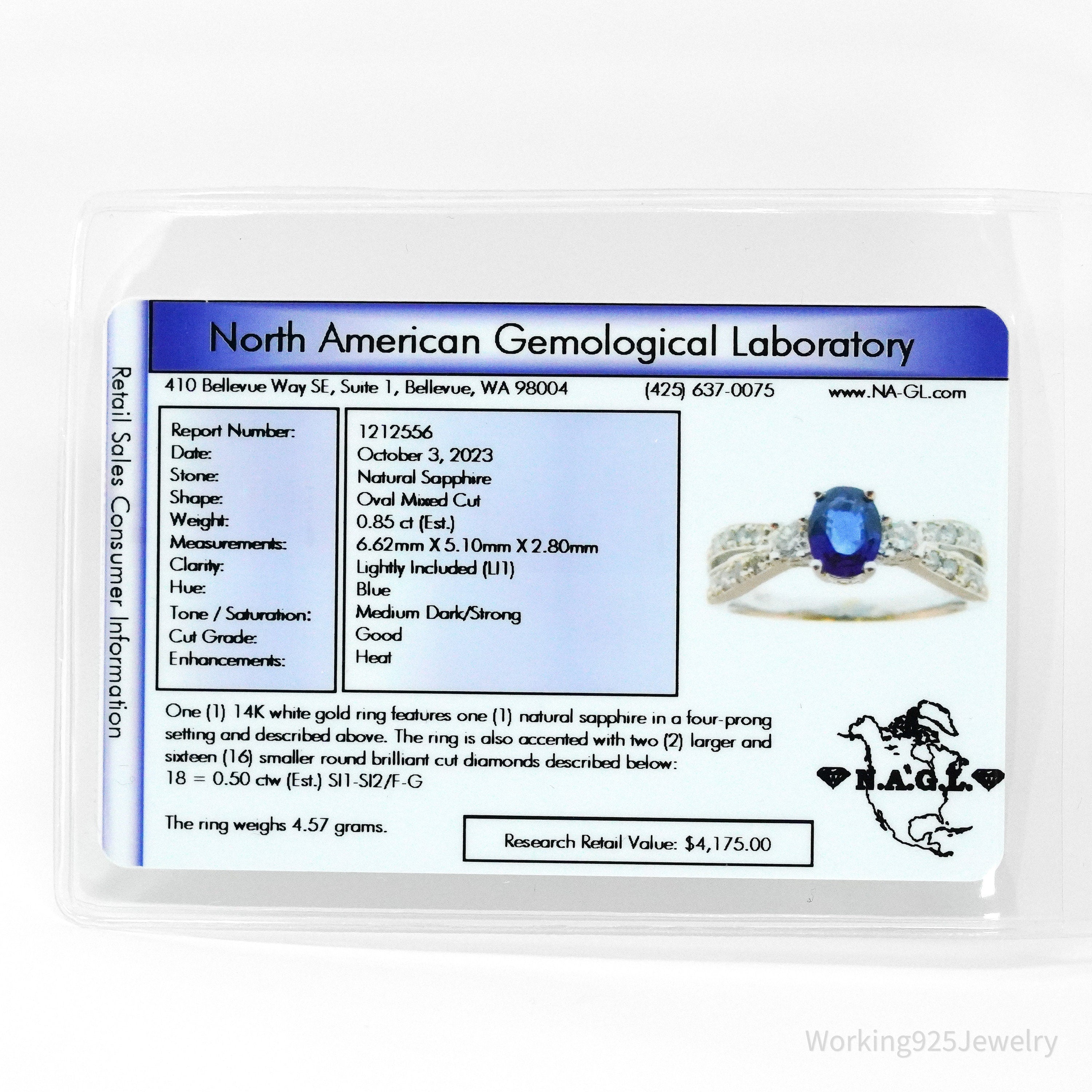 14K White Gold, Sapphire & Diamond Cocktail Ring - Size 8