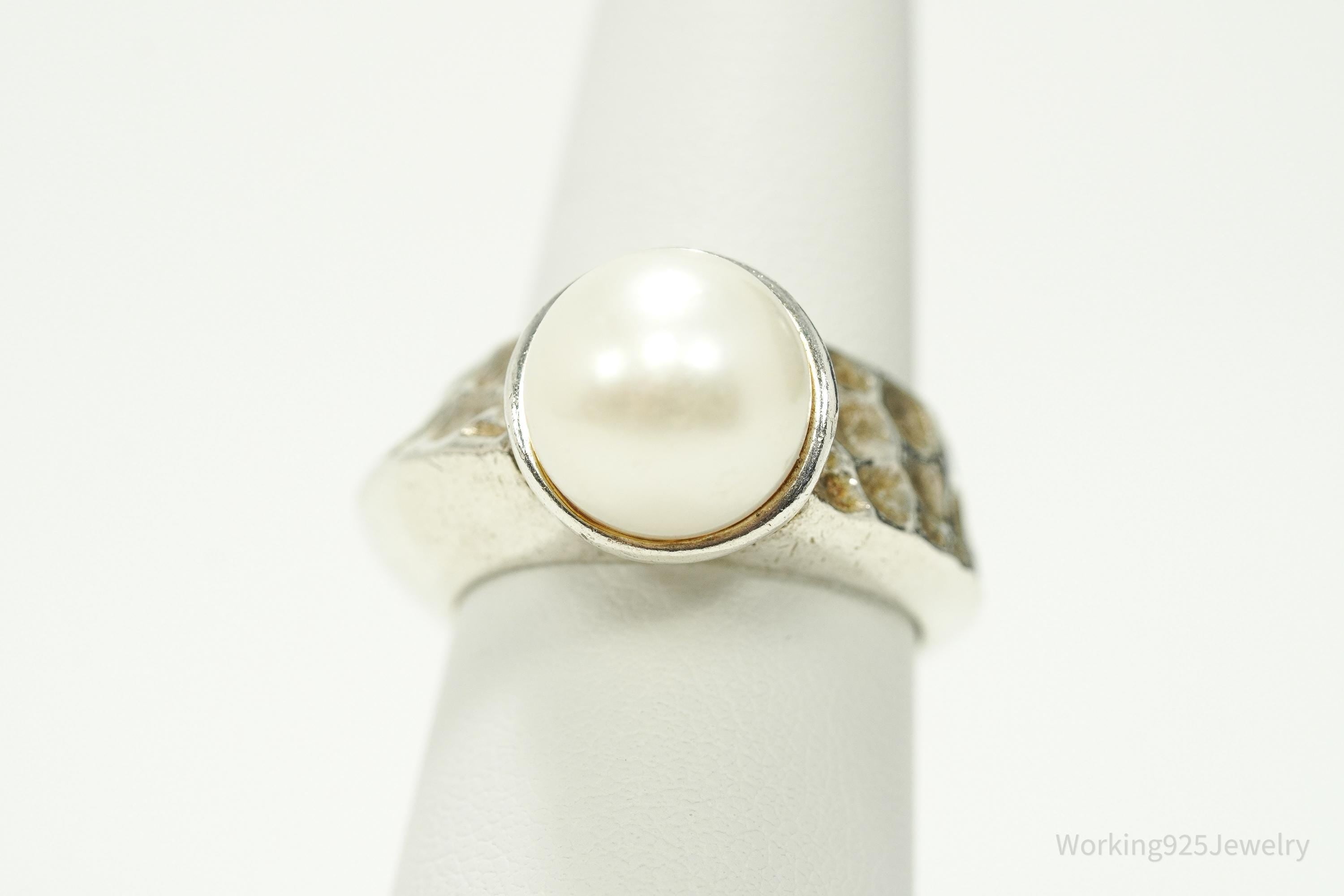 Vintage Pearl Modernist Style Sterling Silver Ring - Size 7.25