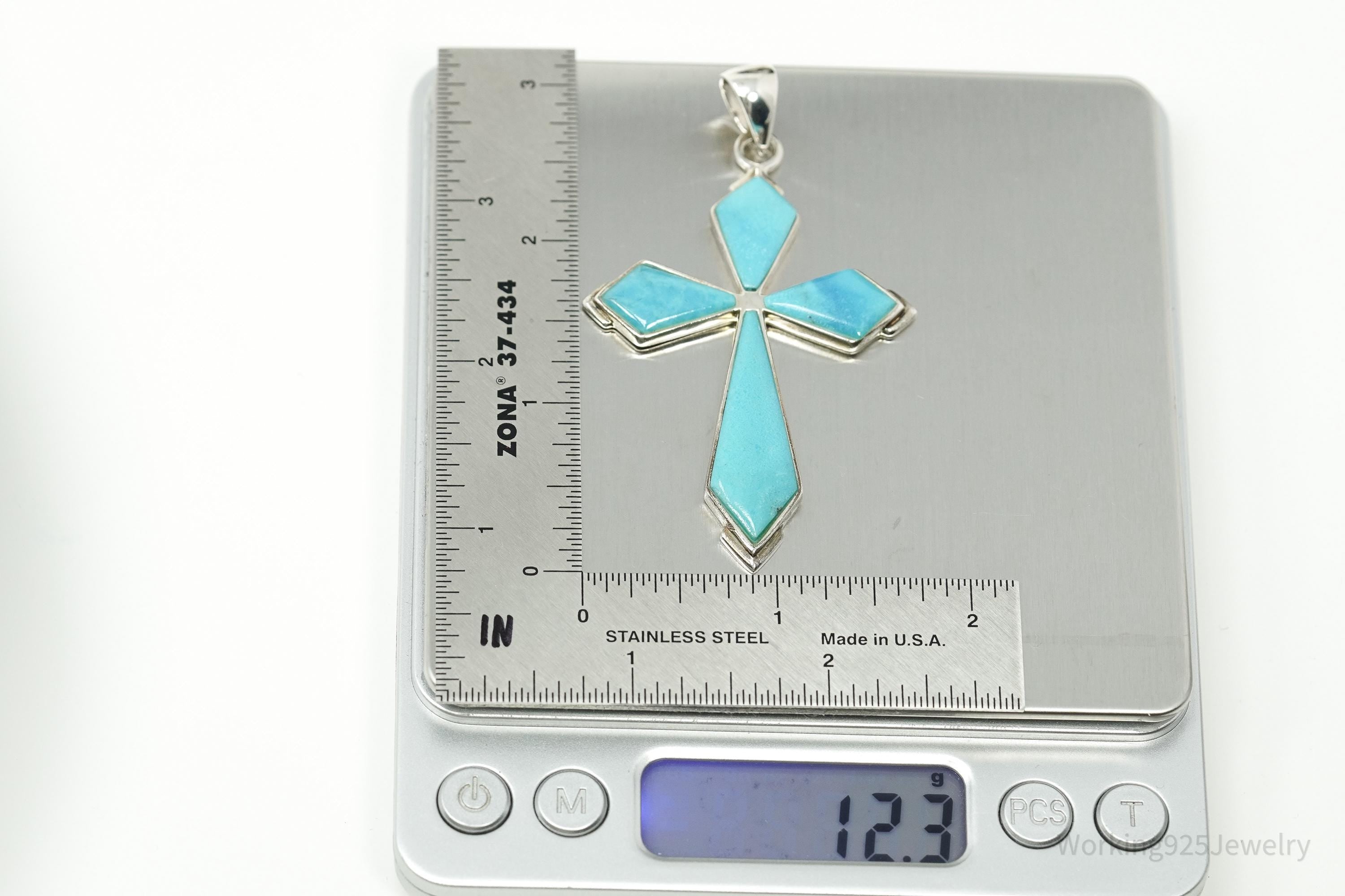 Large Vintage SX Designer Turquoise Inlay Cross Sterling Silver Pendant 3"