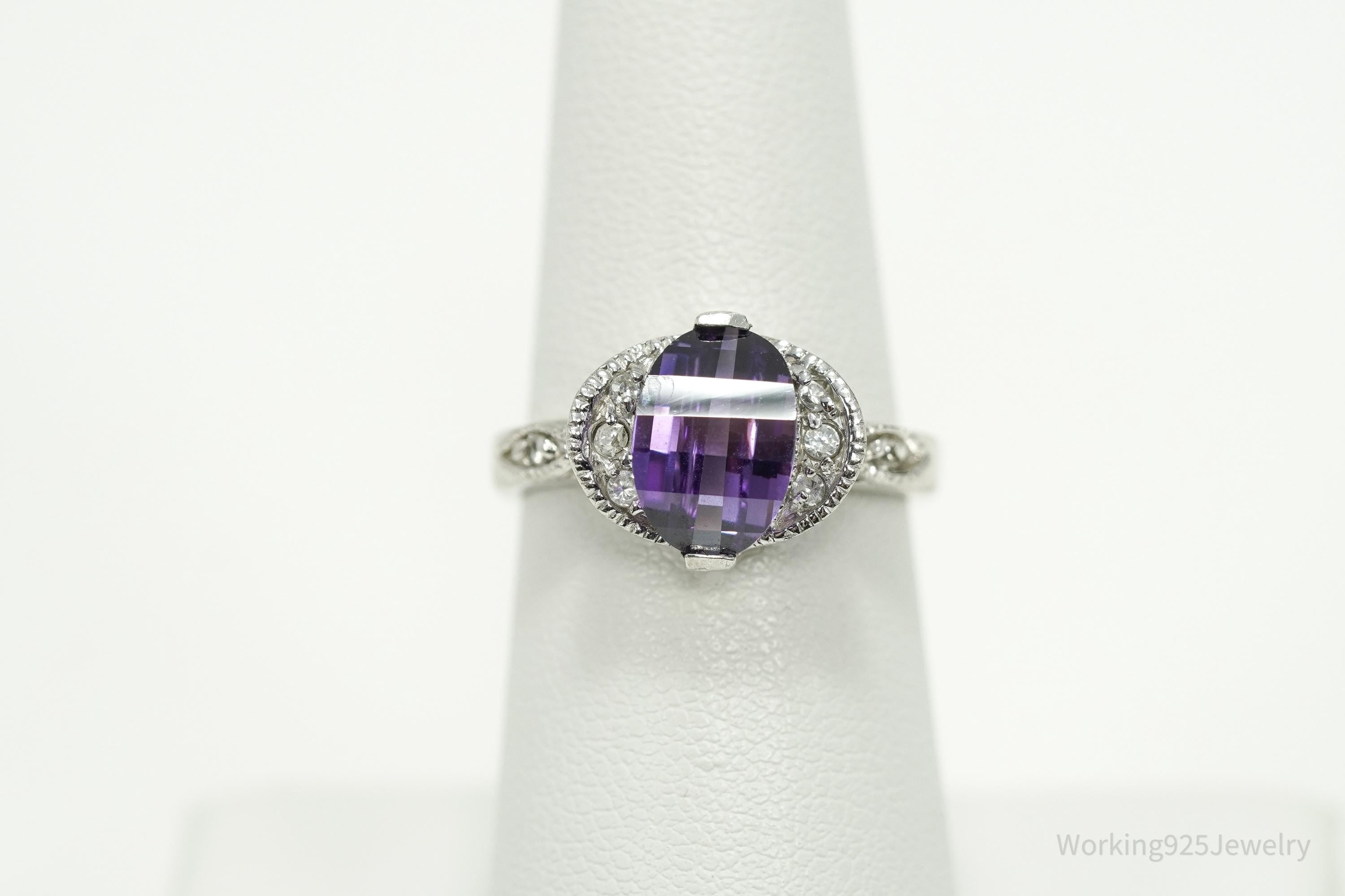 Vintage Amethyst & Cubic Zirconia Sterling Silver Ring - Size 6.5